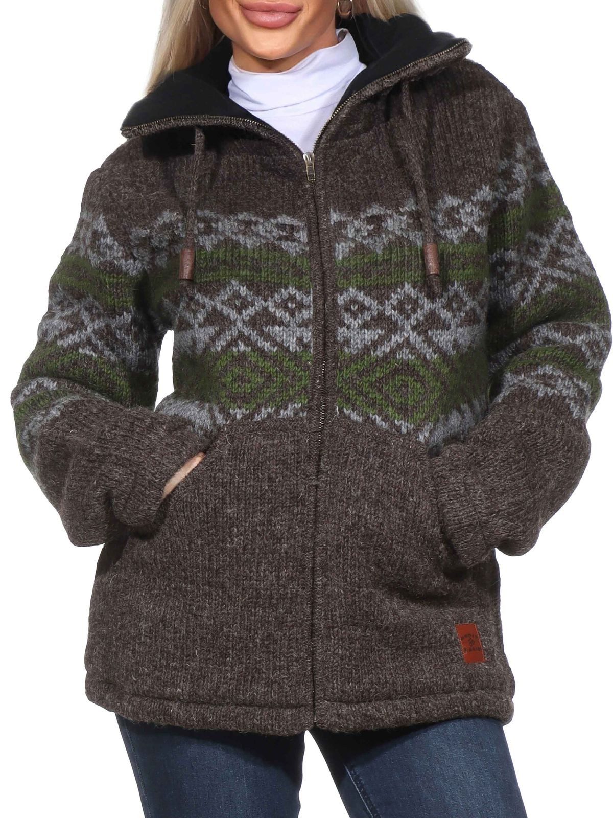 KUNST UND MAGIE Strickjacke Klassische Strickjacke Wolle Jacke mit Hochkragen Fleecefutter