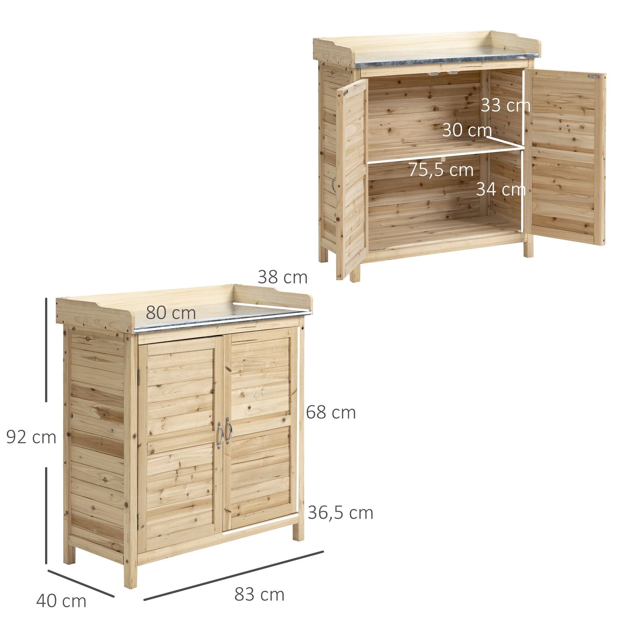 Outsunny Geräteschrank mit verzinkter Arbeitsplatte, 2 Regalböden (Outdoor Gartenschrank, 1-St., Pflanztisch mit Unterschrank) für Garten Balkon Terrasse 83 x 40 x 92cm Naturholz