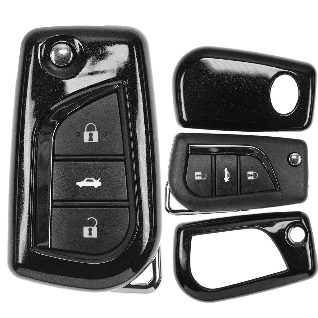 mt-key Schlüsseltasche Autoschlüssel Hardcover Schutzhülle Metallic Schwarz, für Toyota Auris Corolla Avensis Verso 2012-2015 Klappschlüssel