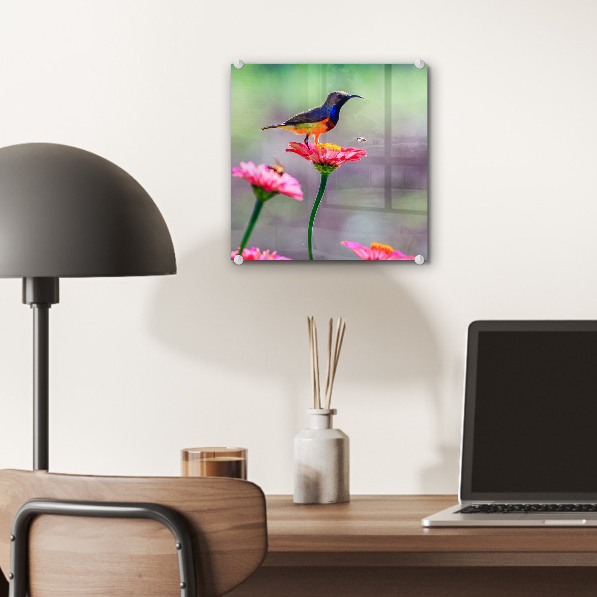 Wandbild auf Blüten, Nahaufnahme Kolibris - (1 Glas MuchoWow St), Bilder - - auf Foto Acrylglasbild Glasbilder eines Glas Wanddekoration rosa auf