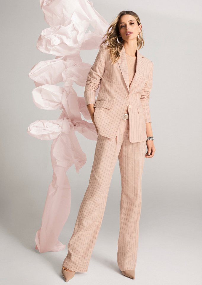 MADELEINE Kurzblazer Eleganter Longblazer mit Nadelstreifen Leinenblazer mit Reverskragen, Taschen, Knopfverschluss und Langarm