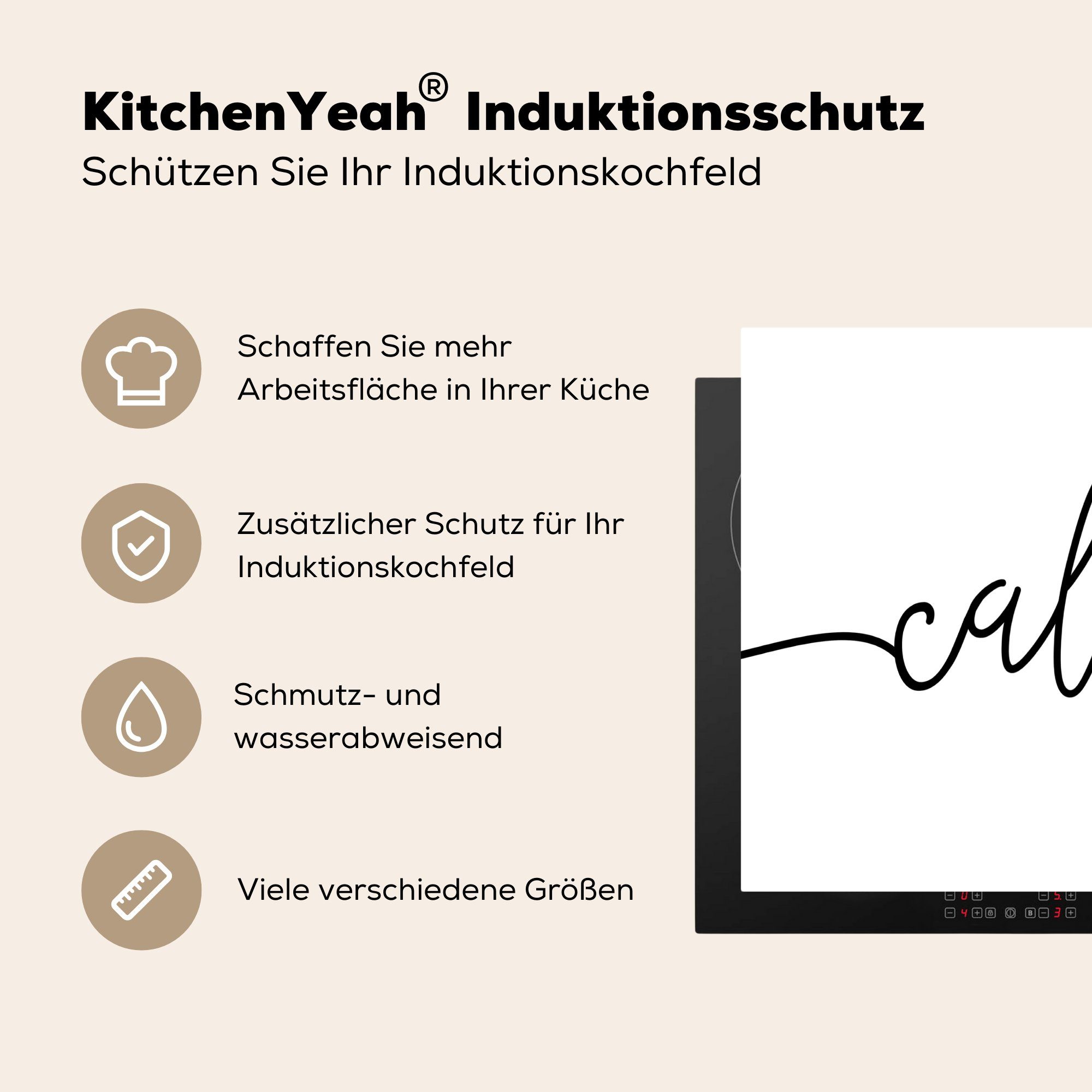 MuchoWow Herdblende-/Abdeckplatte Zitate - 'Calm' Schwarz Mobile 60x52 Ceranfeldabdeckung Sprichwort Arbeitsfläche nutzbar, Vinyl, - tlg), und cm, (1 - weiß