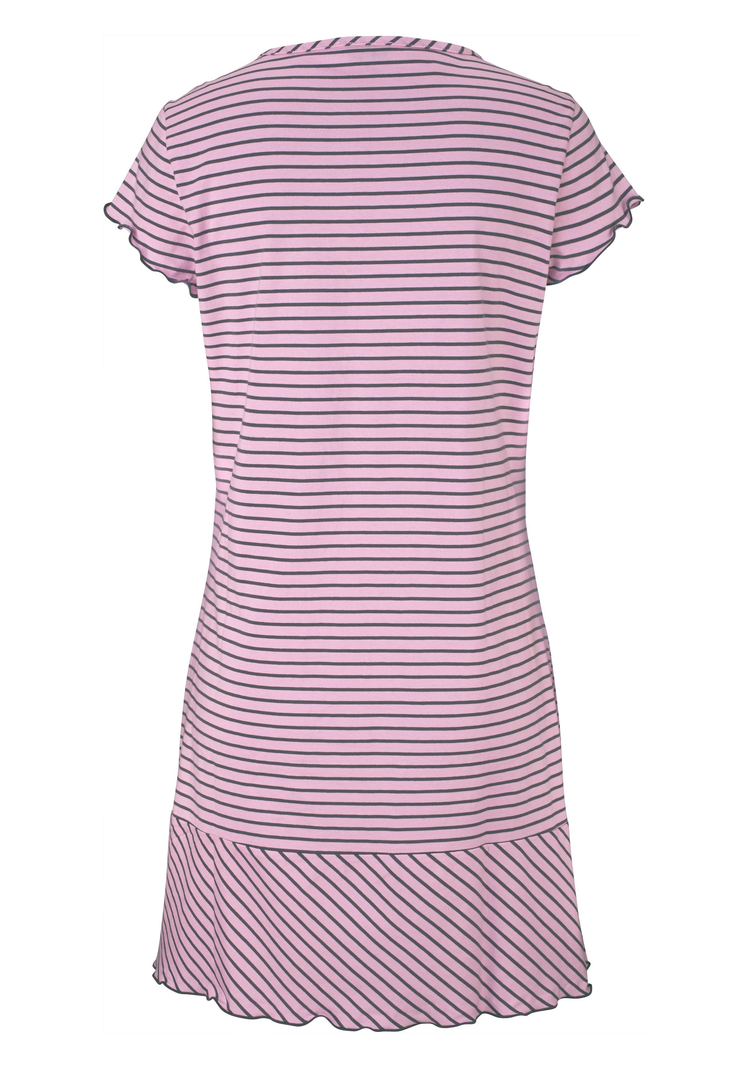 Streifenlook in H.I.S Nachthemd Kräuselrändern rosa-geringelt süßem mit