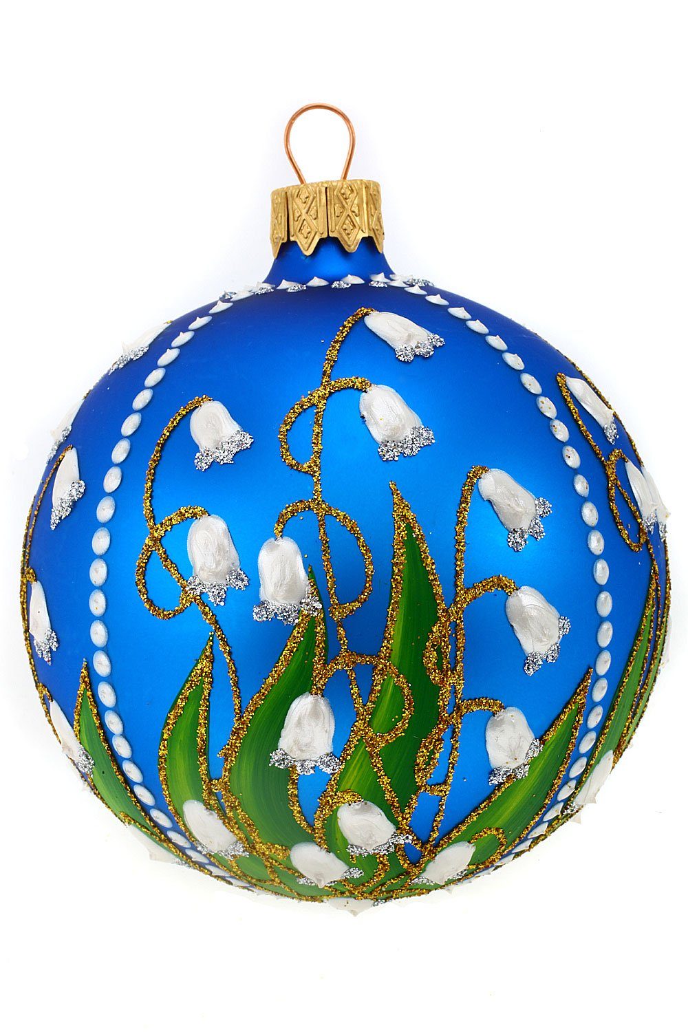 Hamburger Weihnachtskontor Weihnachtsbaumkugel Christbaumkugel mit Maiglöckchen blau, mundgeblasen - handdekoriert