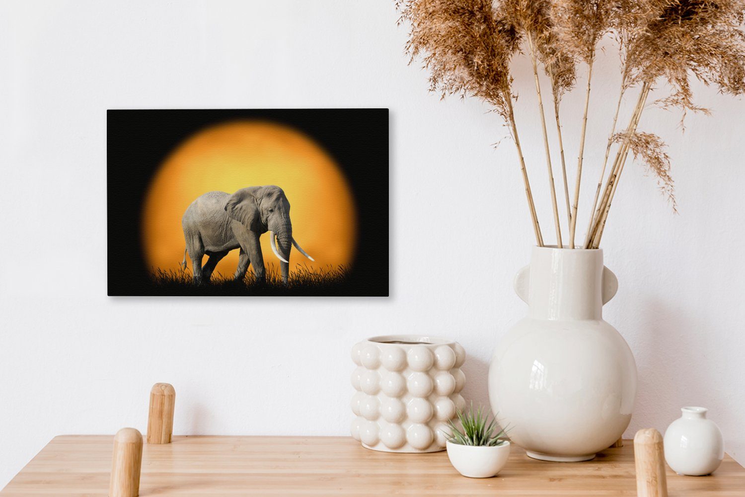 OneMillionCanvasses® Leinwandbild Gras, Aufhängefertig, Sonne Leinwandbilder, Elefant - - Wanddeko, Wandbild cm St), (1 30x20