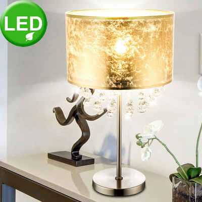 etc-shop LED Tischleuchte, Tisch Lampe Stoff Nacht Licht Blatt Gold Design Kristalle Steh Leuchte im Set inklusive LED Leuchtmittel