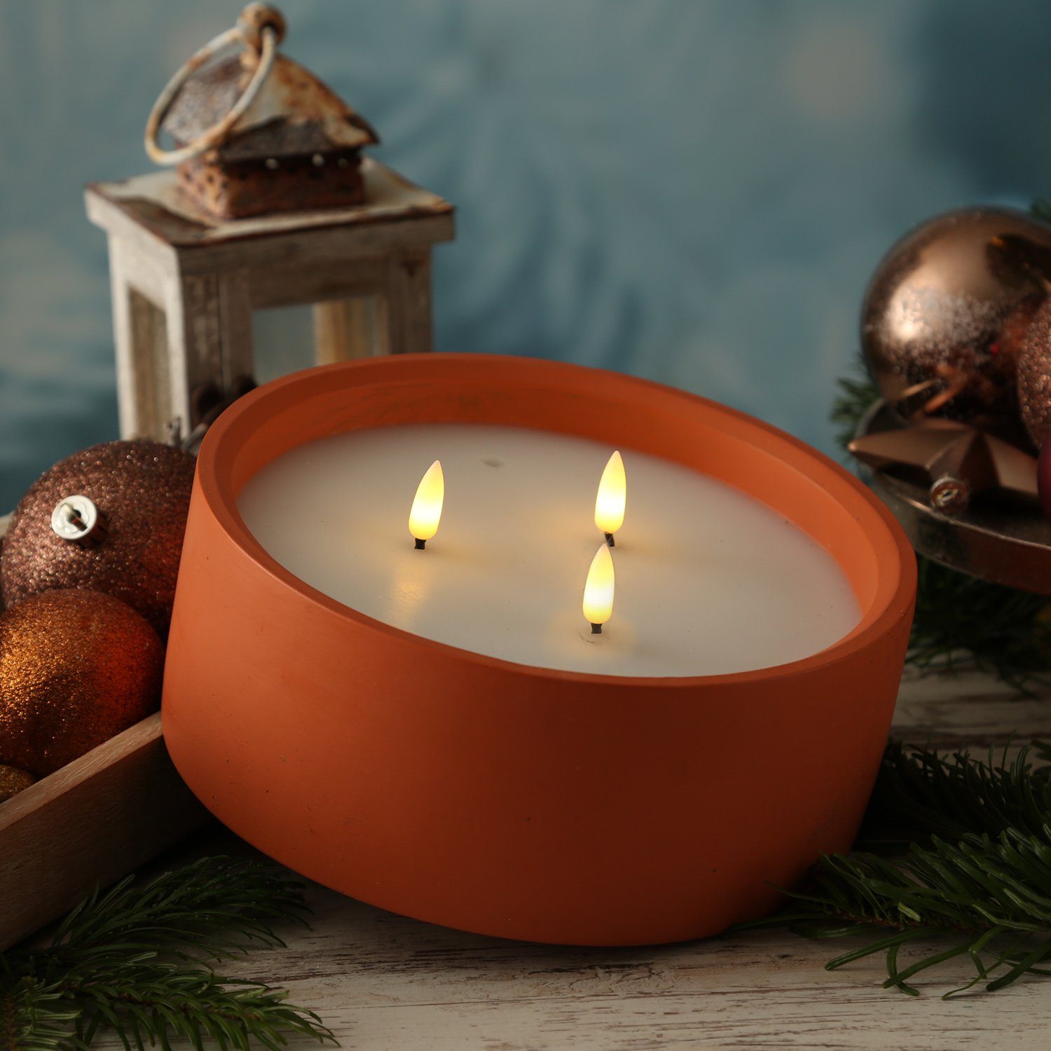 MARELIDA LED-Kerze XXL in Betonoptik Zement Wachs 3 Docht Flamme Timer D: 20cm terracotta (1-tlg)