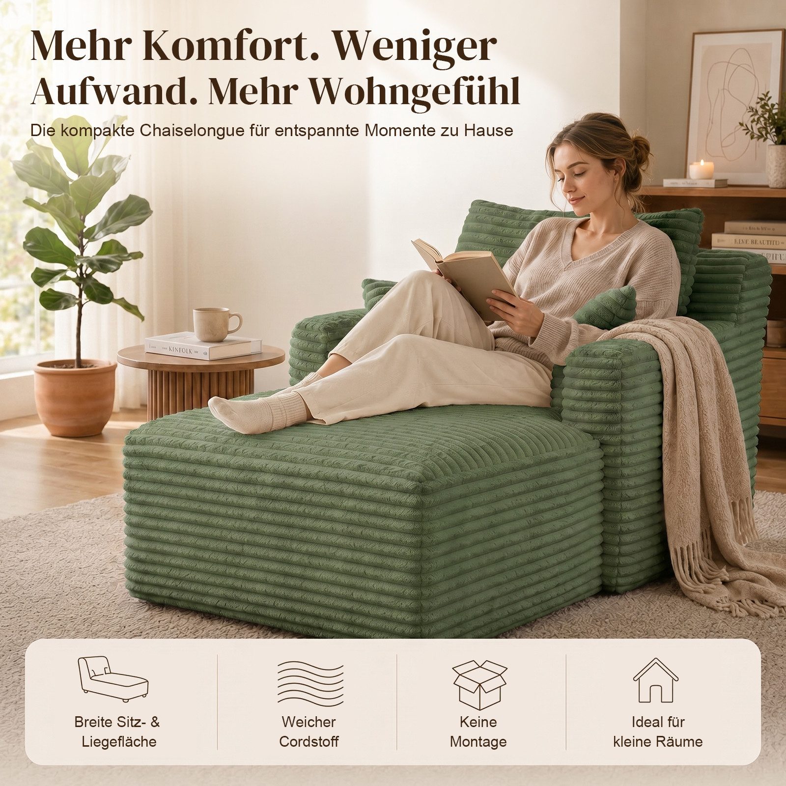 ANYSUN Loungesofa Modernes Chaiselongue-Sofa,Cord-Schlafsofa, 2 Kissen,Relaxsessel Cord, ohne Montage mit Taschenfederkern & Schaumstoffpolsterung,Loungesofa, L – Bild 4 von 5