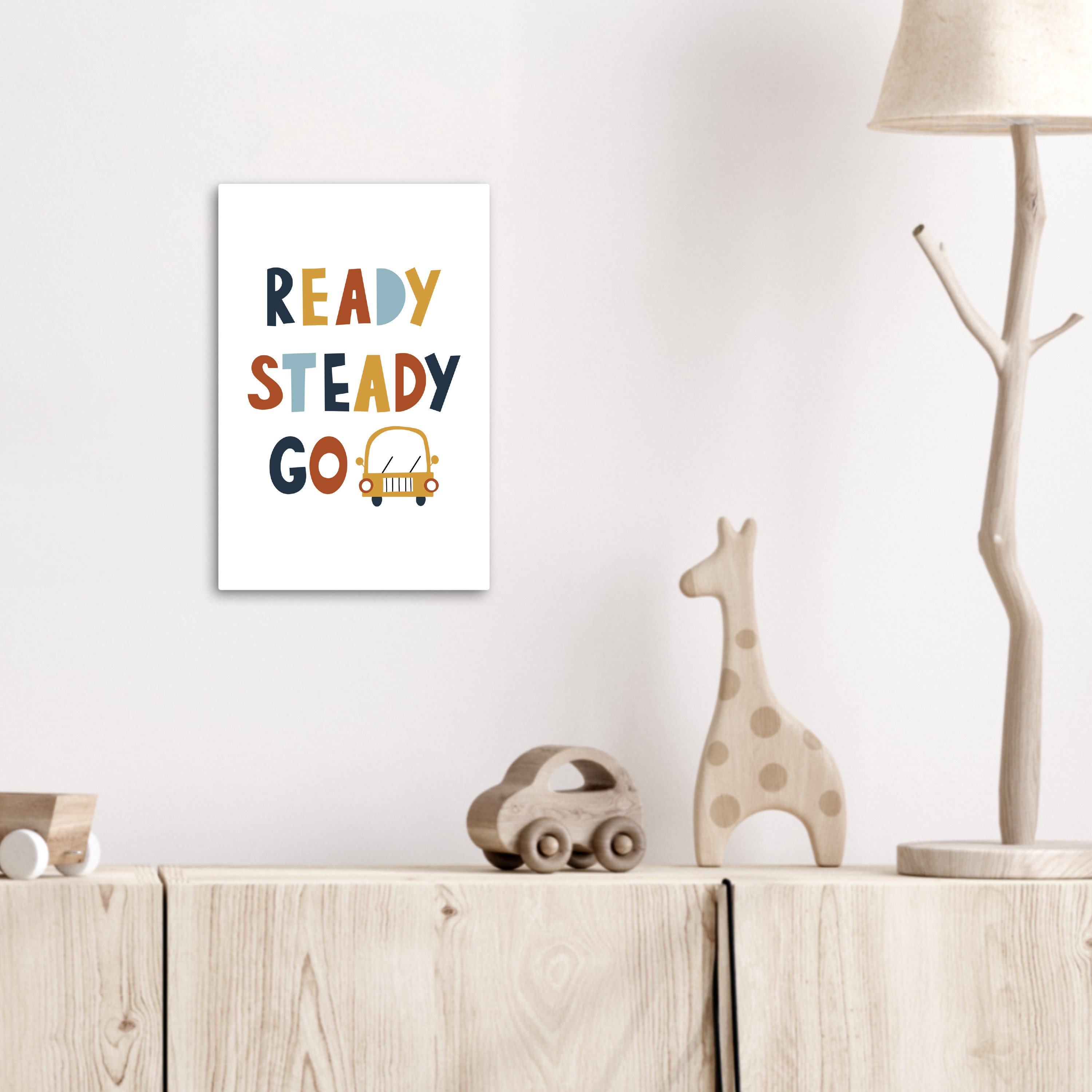 OneMillionCanvasses® Leinwandbild Kinder - Auto - Weiß - Zitat - Ready Steady GO, Fotodruck (1 St), Kinderzimmer Deko, Mädchen und Jungen Bilder 20x30 cm