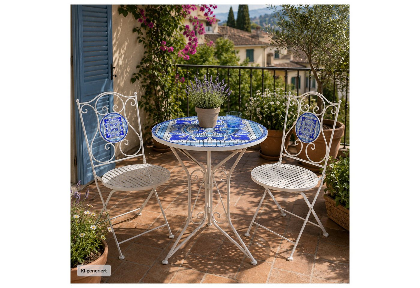 HTI-Living Garten-Essgruppe Sitzgruppe Metall Bistro Set Santorin für Balkon und Terrasse, (Set, 3-tlg., 1 Tisch 2 Stühle), Sitzgruppe Essgruppe Balkonset