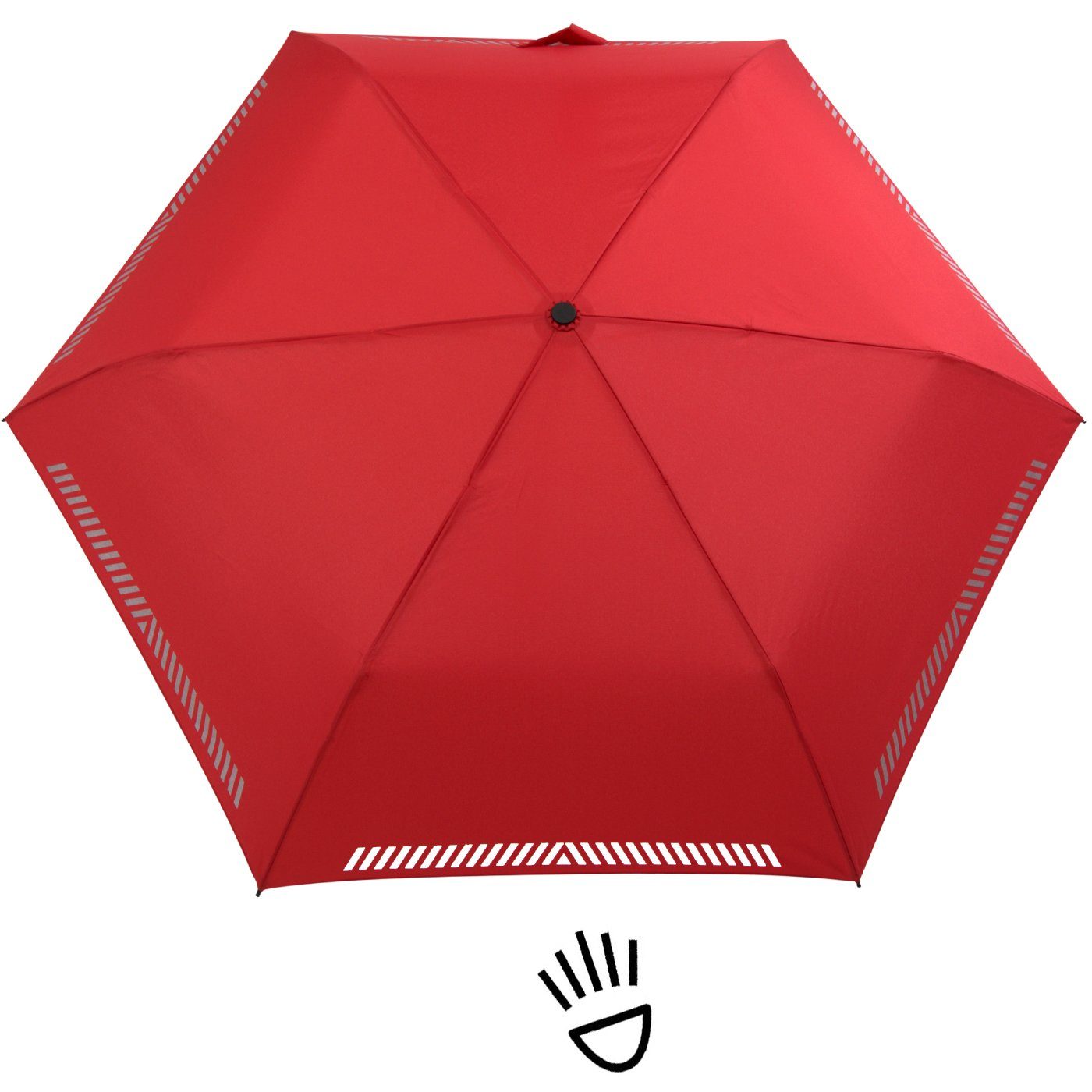 iX-brella Taschenregenschirm Kinderschirm mit Auf-Zu-Automatik, Reflex-Streifen rot durch reflektierend, Sicherheit 