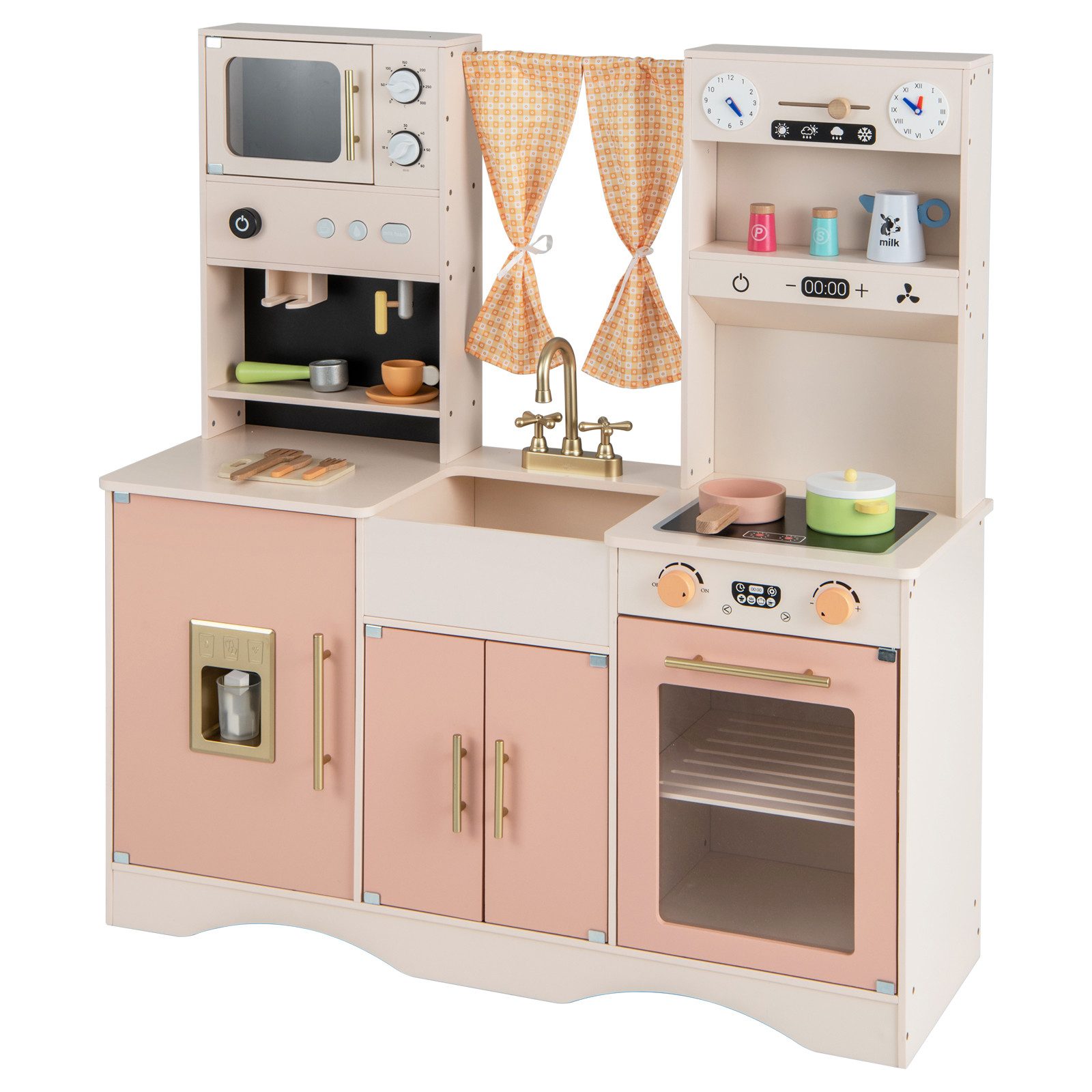COSTWAY Spielküche Holz, Kinderküche mit Mikrowelle, Spüle
