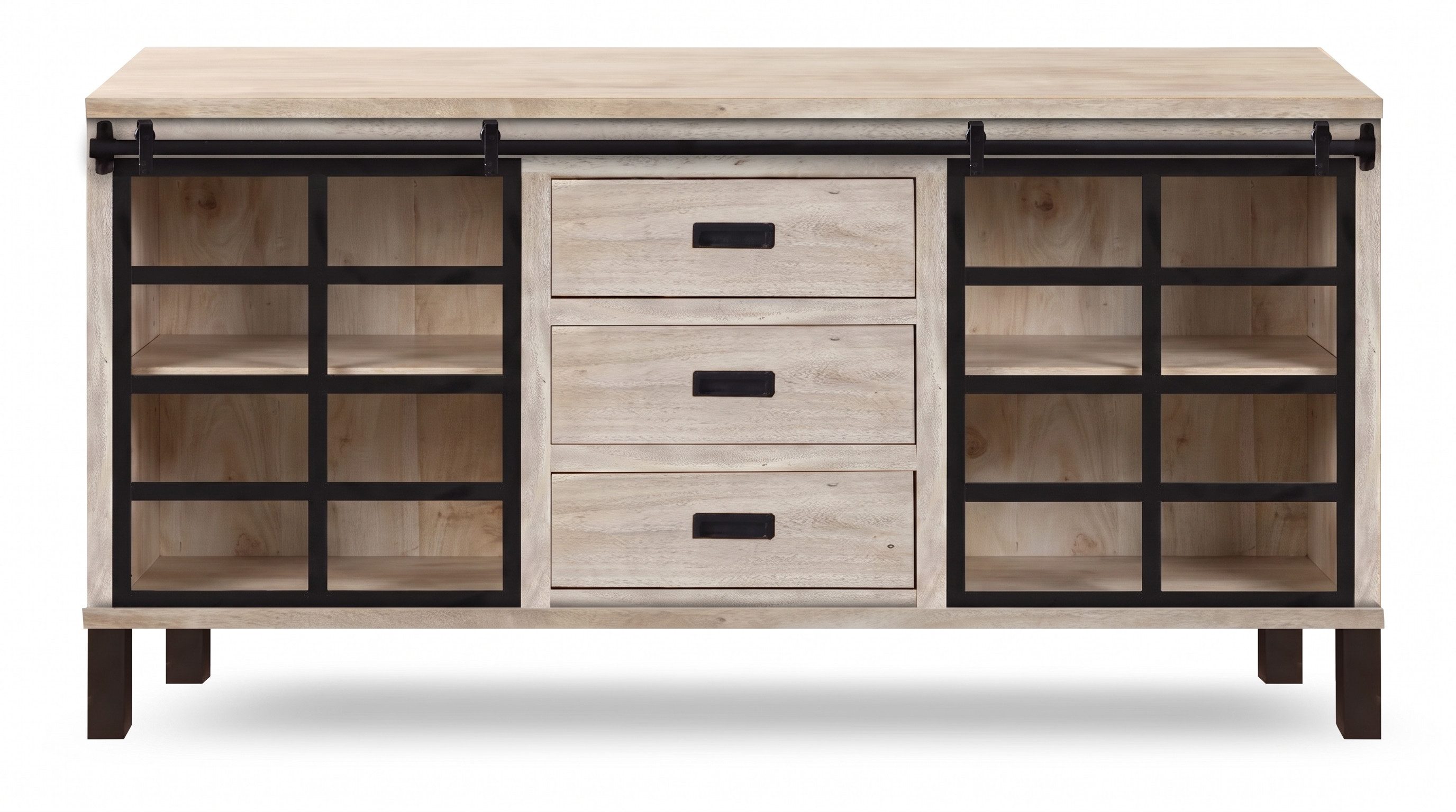 WOLF MÖBEL Sideboard (175 x 42 x 90), KALI Kommode mit 2 Schiebetüren, 3 Schubladen & Licht