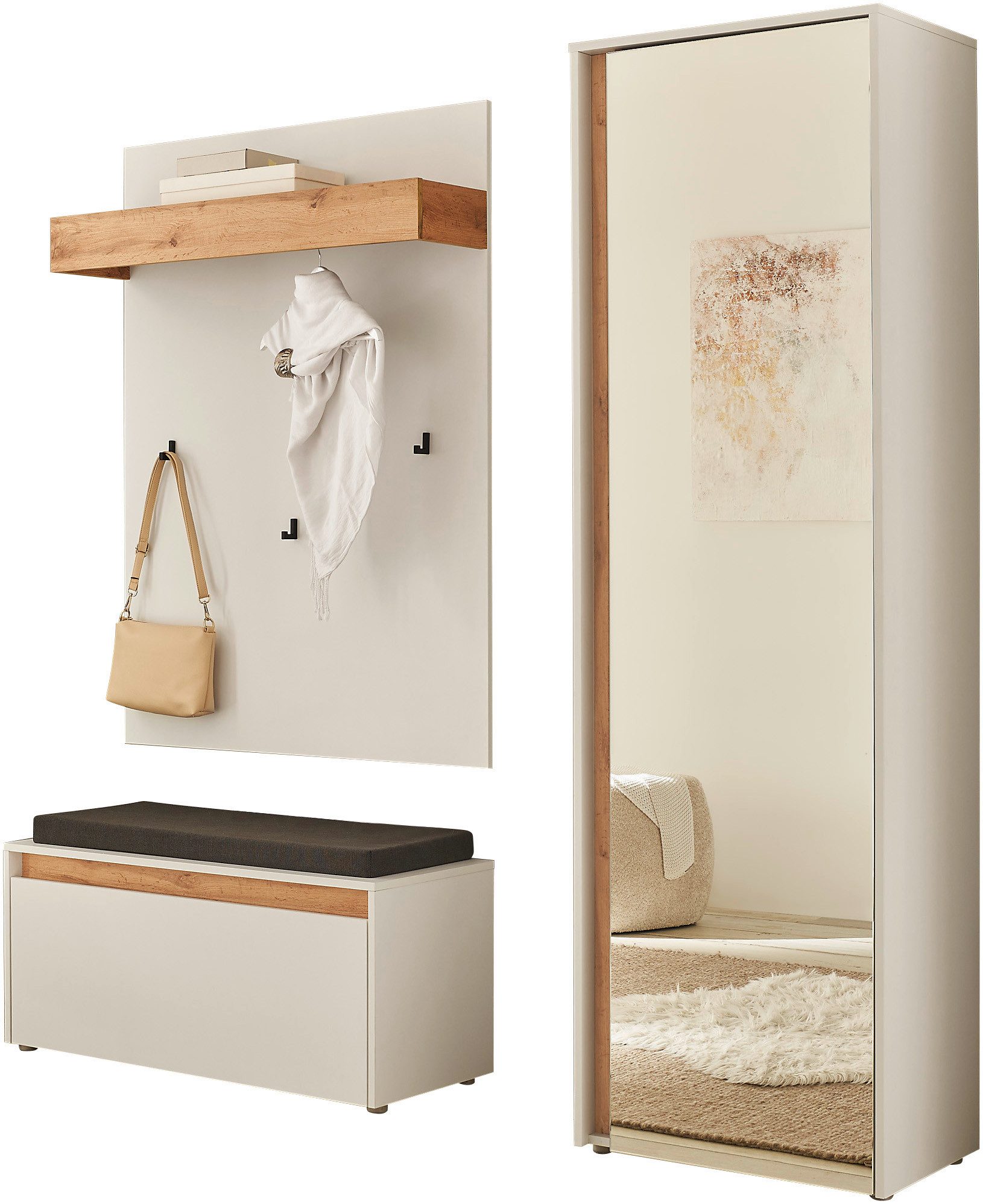 Home affaire Garderoben-Set GIRON/CiTY, moderne Garderobe, Komplettset mit viel Stauraum, (Komplett-Set, 3-St), enthält Garderobenschrank, Paneel, Schuhbank ink – Bild 2 von 5