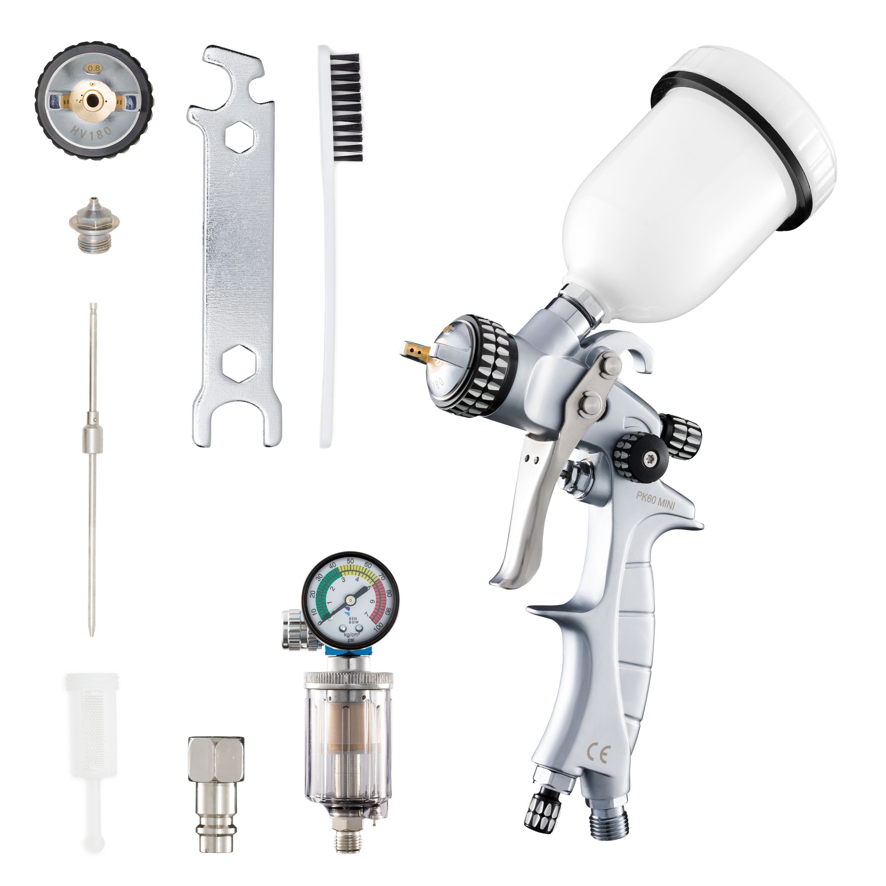 BENBOW Lackierpistole PK60 Mini Lackierpistole + Druckregler, PK60 Mini Lackierpistole HVLP, Düse 0,5 mm, 600 ml Kunststoffbecher