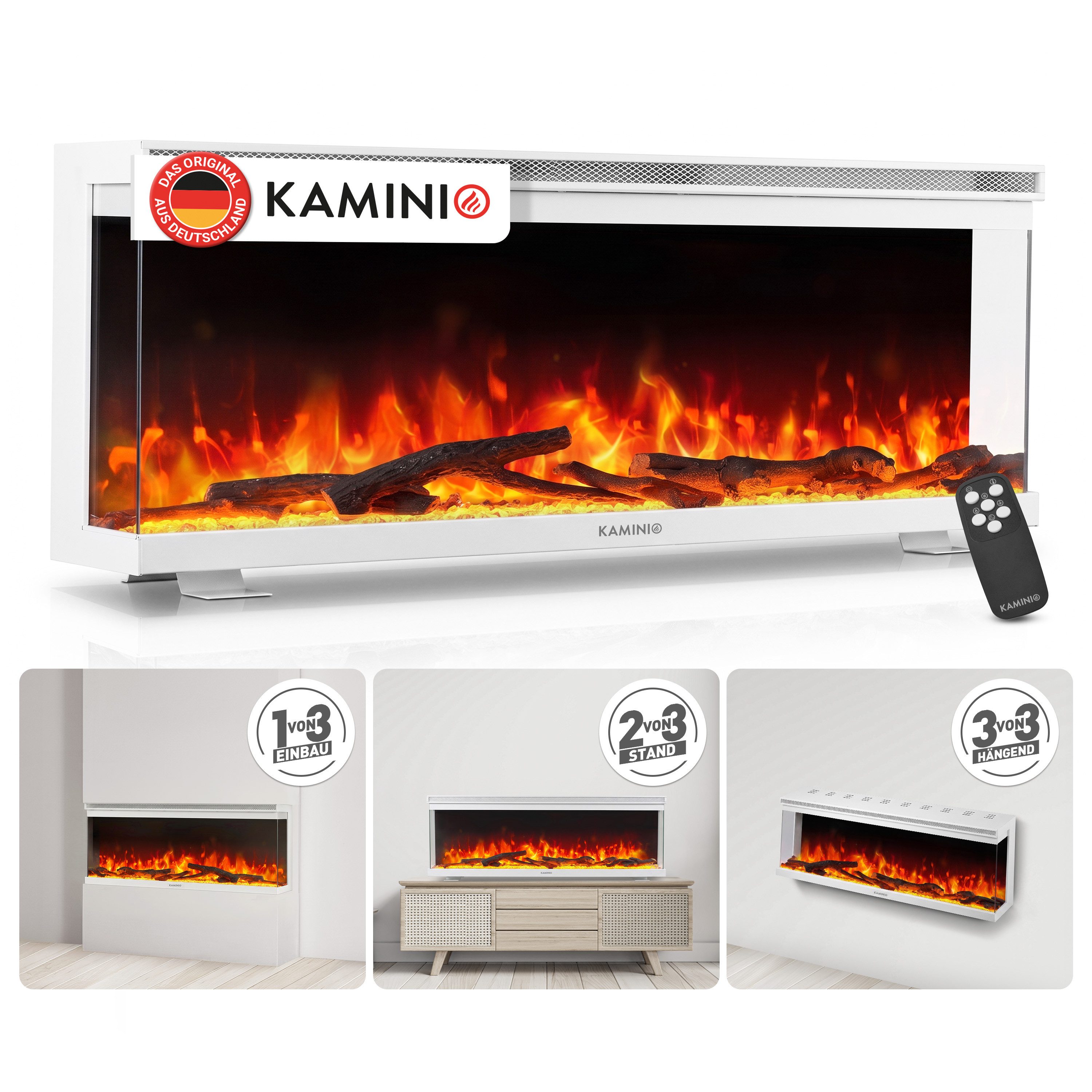 KAMINIO Elektrokamin LEA, 3in1 Kamin: Elektrischer Stand-, Wand- und Einbaukamin, Panoramaview