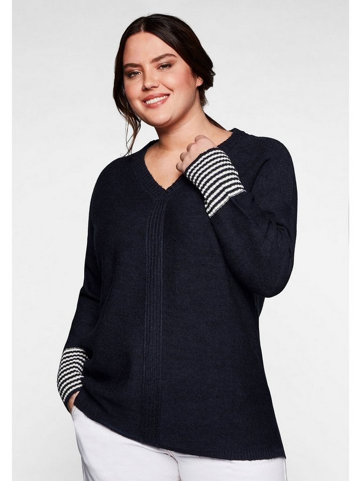 Größen V-Ausschnitt-Pullover Ärmelbündchen Sheego mit geringeltem Große