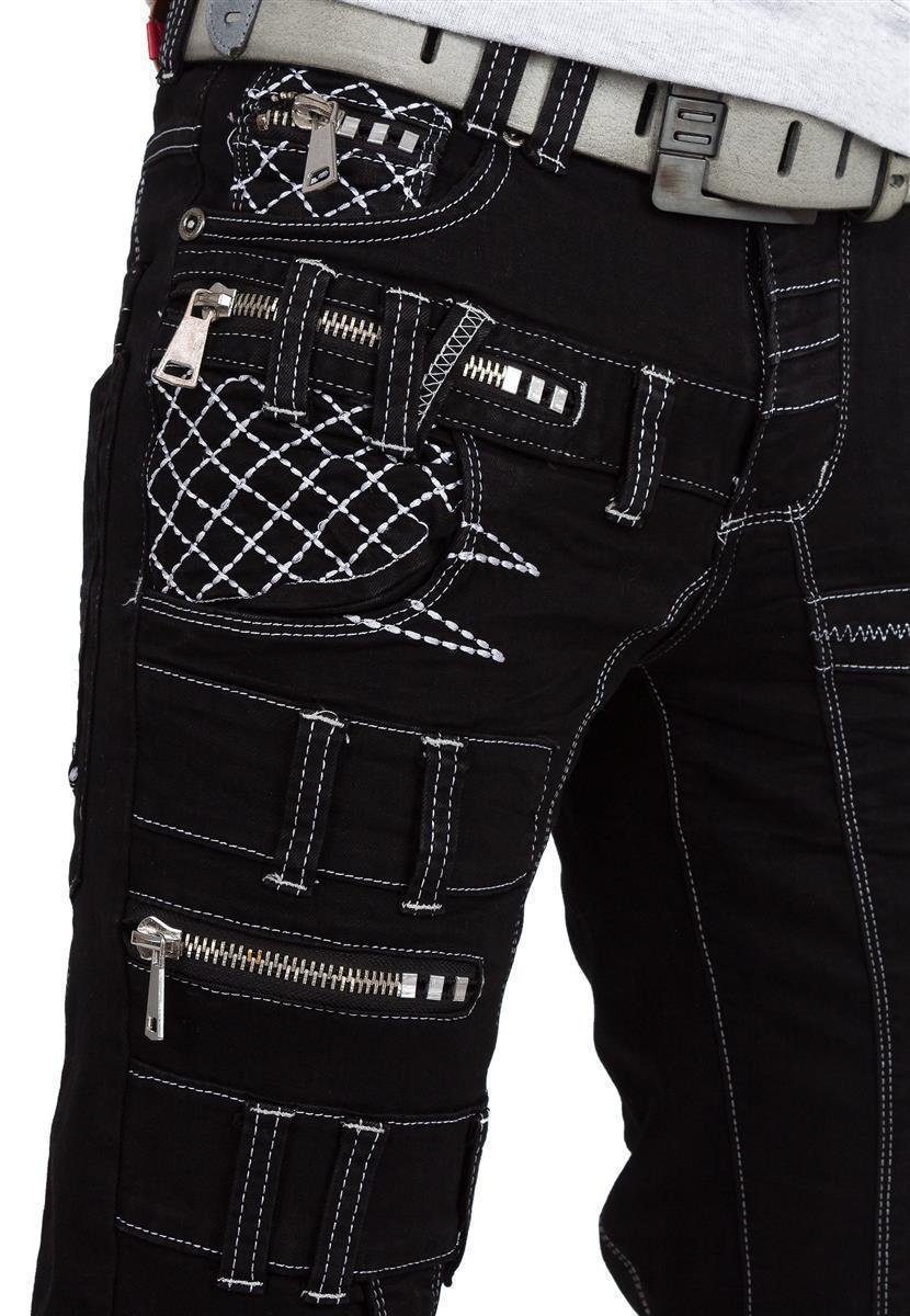 Kosmo Lupo Aufgesetzten Design 5-Pocket-Jeans schwarz BA-KM009 Markantes Auffällige Applikationen Hose mit Herren