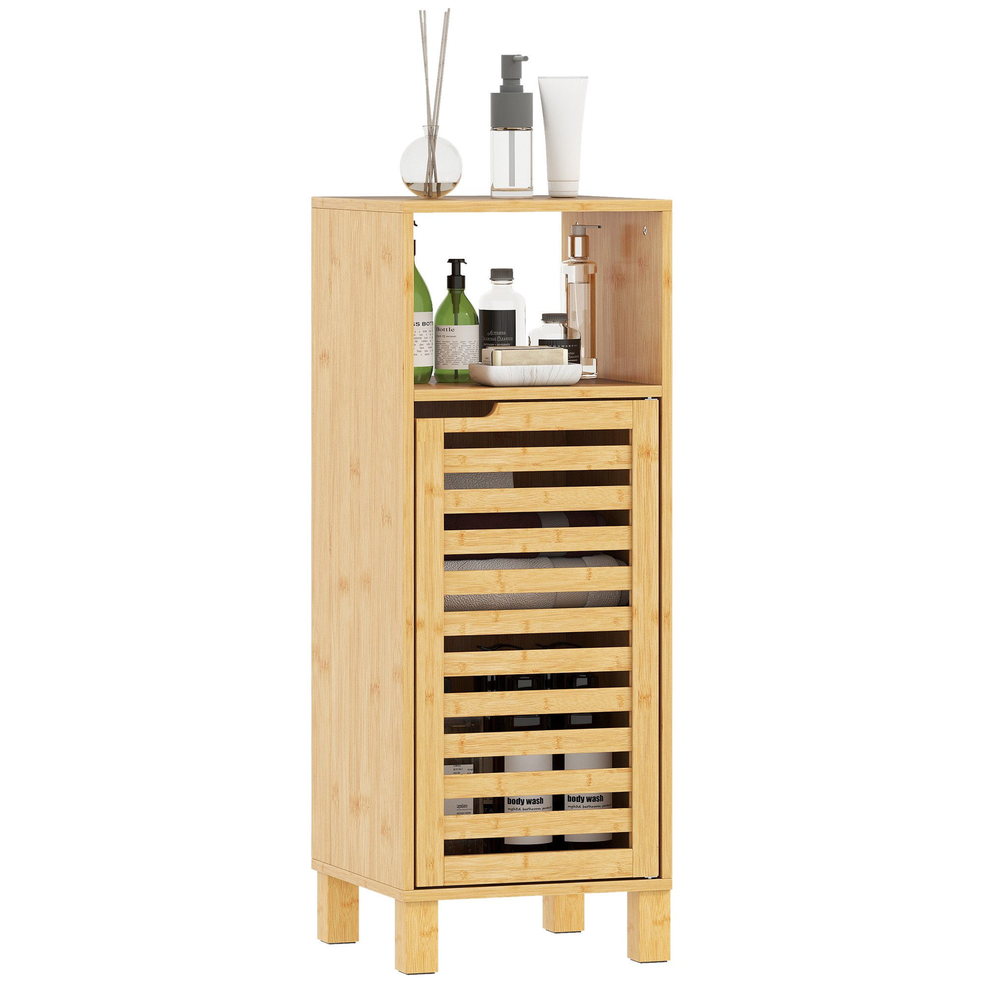 HOMCOM Badkommode mit verstellbaren Regalen, offenem Fach (Badschrank, 1 St., Badezimmerschrank), für Badezimmer, kleine Räume, 30 x 30 x 80 cm, Naturholz