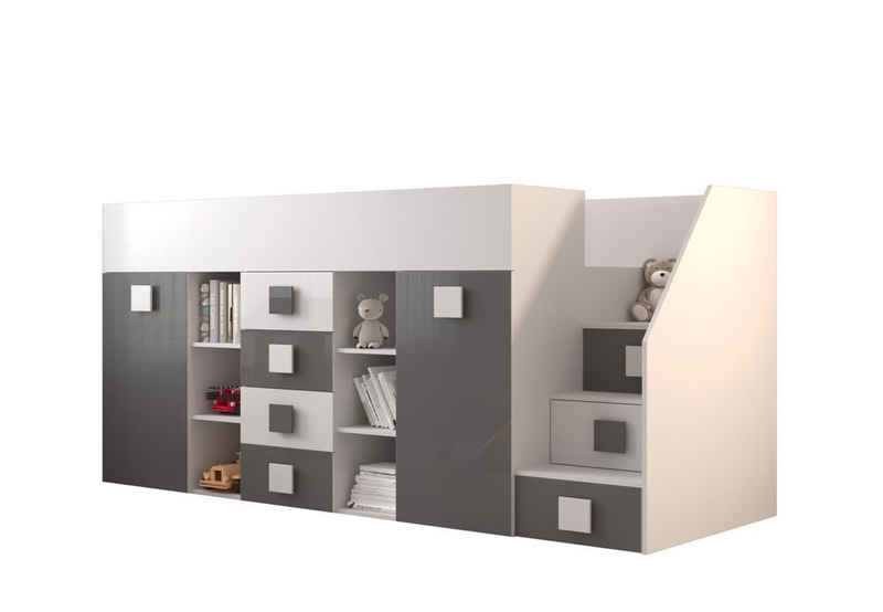 QMM TraumMöbel Hochbett TELLY 3 mit Treppe rechts (Bett, Schrank, Schreibtisch, Schubladen, Regale, Treppe) ausziehbarer Schreibtisch