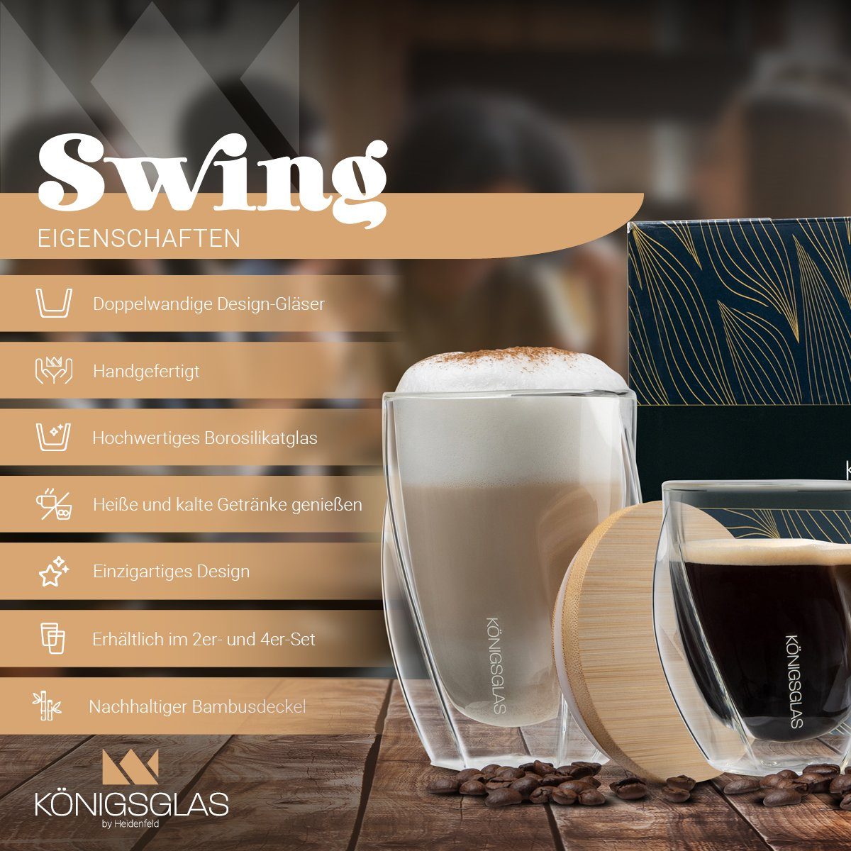 Königsglas Gläser-Set Swing doppelwandige Gläser 2/4er Glas Set 250/350 ml Cocktailgläser, 2-tlg., Premium Latte Macchiato Gläser aus Borosilikatglas, Trinkglas Kaffee Cappuccino Tasse Teeglas