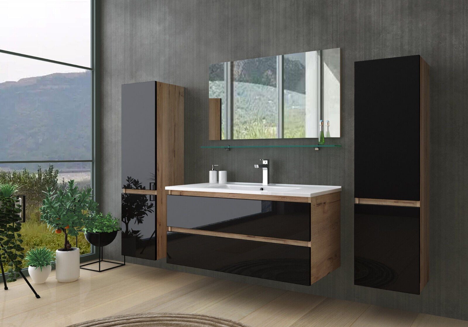 Homeline Badmöbel-Set Bad Möbel Set, Hochglanz, Eiche schwarz und weiß Soft Close, (Set Angebot, 6-St., Spar set)