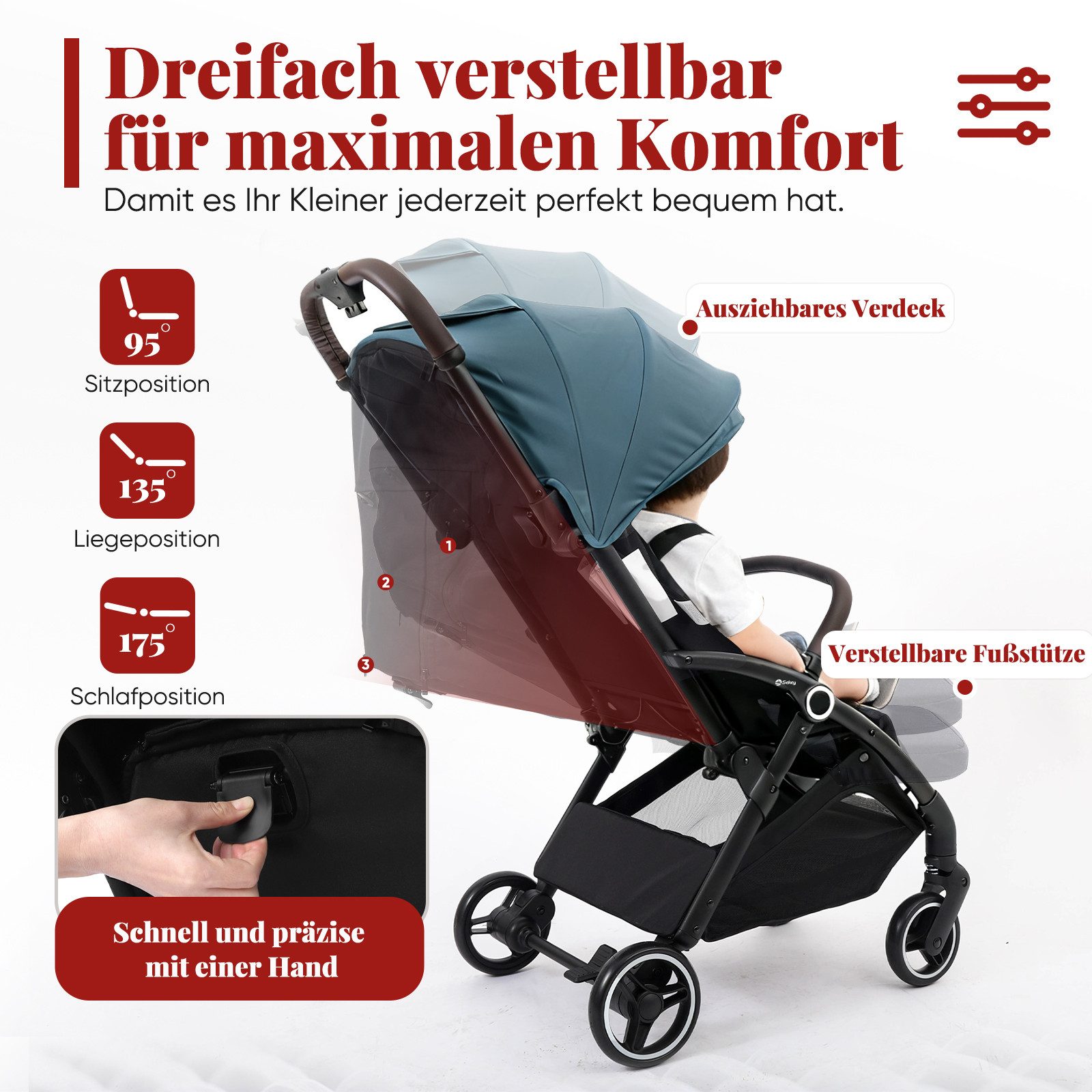 Sekey Kinder-Buggy mit Regenschutz, 3-fach verstellbar Reise Kinderwagen für Flugzeug, Einhand-Faltmechanismus, 4-Rad-Federung, 5-Punkt-Gurt, Sichtfenster