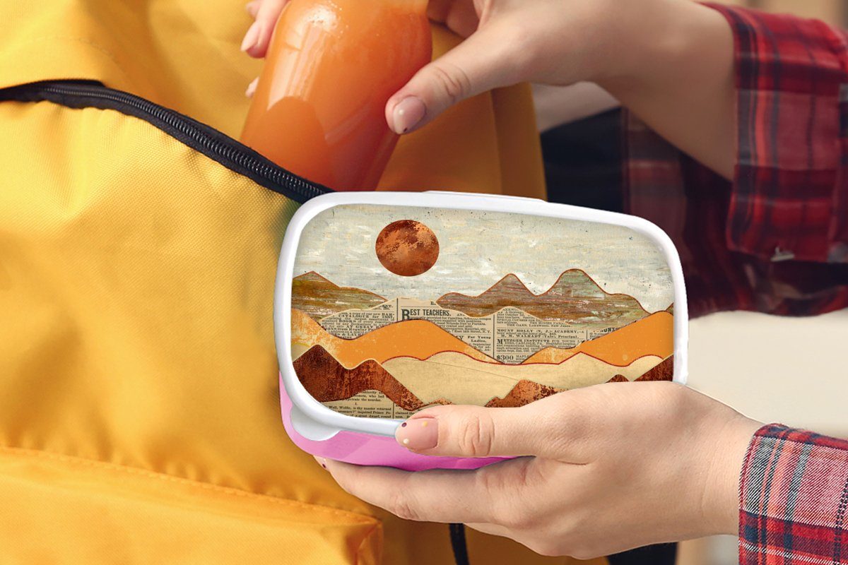Brotdose MuchoWow für - Mädchen, Snackbox, - Brotbox Abstrakt Landschaft Lunchbox Erwachsene, Farben, Zeitung - - (2-tlg), Vintage rosa - Kunststoff, Bronze Kinder, Kunststoff