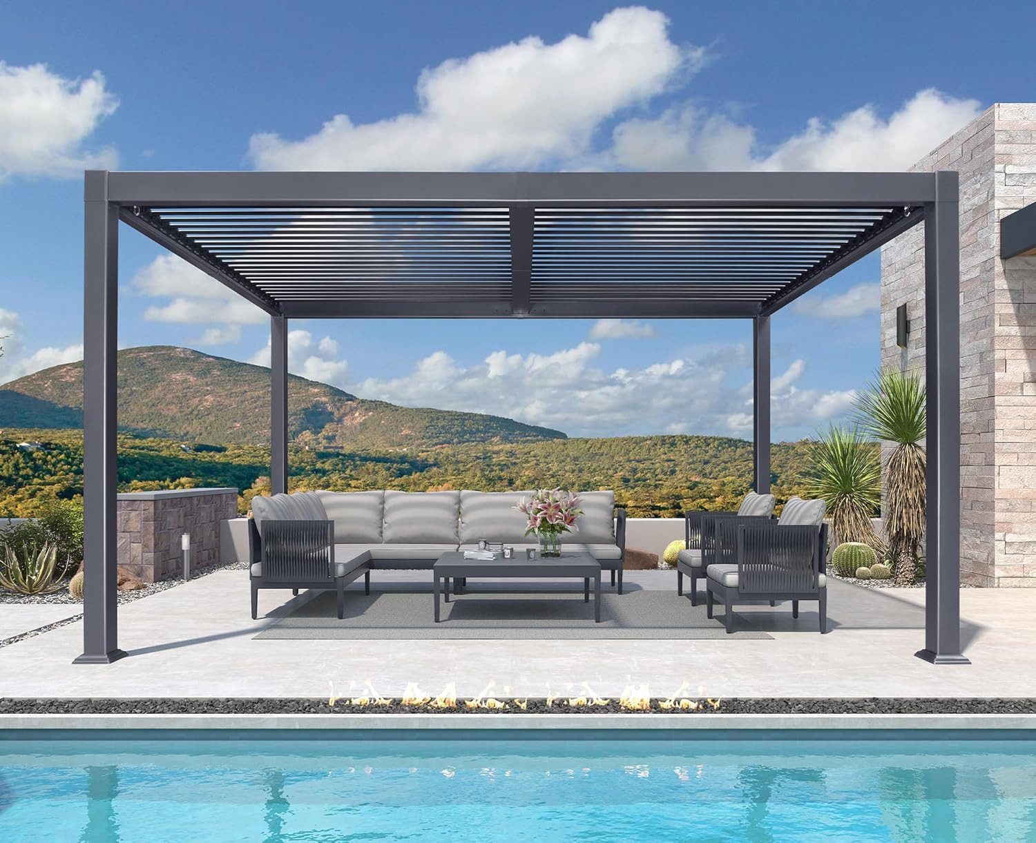 PURPLE LEAF Pergola Alu Terrassenüberdachung mit Lamellendach, stabiler Gartenpavillon, wasserdichte Gartenüberdachung für Balkon, Carport oder Grillplatz