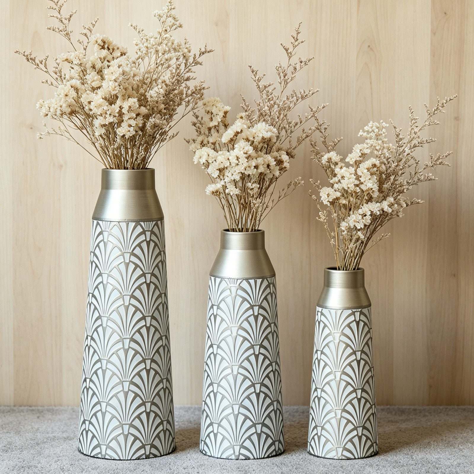 BlingBin Bodenvase Bodenvase 3er Set, Metall Vase mit Geometrischem Muster, 42/51/61 cm (3er Set, 3 St., Groß: 20x20x61cm, Mittel: 17x17x51cm, Klein: 15x15x44cm), Dekovase für Wohnzimmer, Esszimmer, Trockenblumen & Pampasgras, Silber