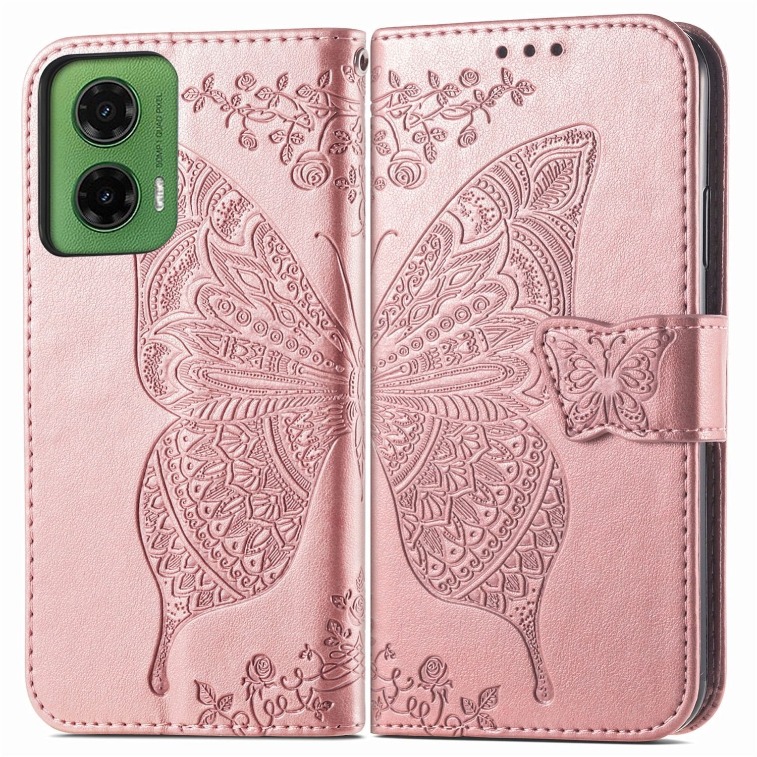 Wigento Smartphone-Hülle Für Motorola Moto G35 Kunstleder Schmetterling Handy Tasche Hülle Rosa, Kunst-Leder Schutzhülle Smart Case Cover magnetischer Verschluss
