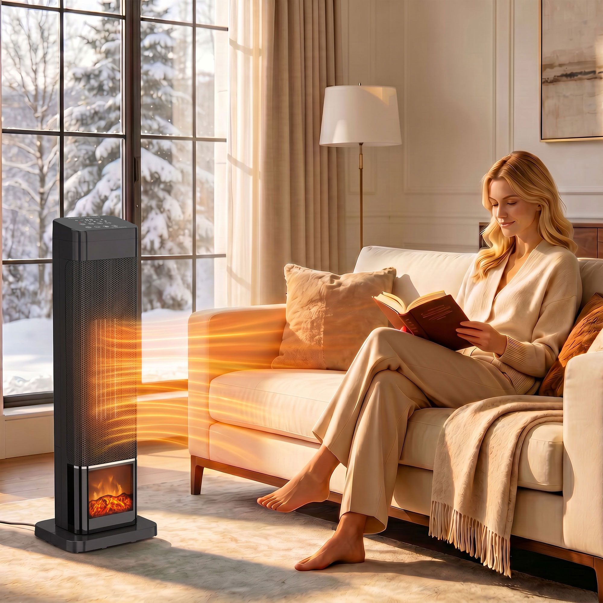 HOMCOM Heizlüfter Keramik-Heizlüfter mit Thermostat und 24h-Timer, 2000 W, Flammeneffekt, 70°-Oszillation, Fernbedienung von HOMCOM