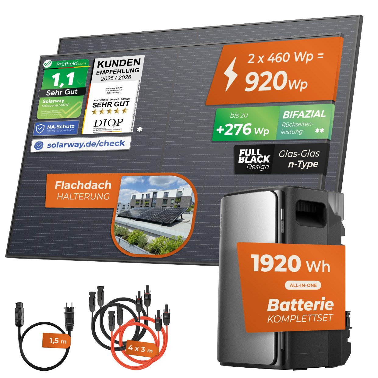 Solarway Balkonkraftwerk 920Wp / 800W mit 1,9kWh Speicher komplett Steckdose, Monokristalline Halbzellen mit n-Type Technologie, (460W bifaziale Solarmodule & EcoFlow Speicher & Zubehör), 1,9 kWh EcoFlow Stream Max - Solaranlage Komplettset