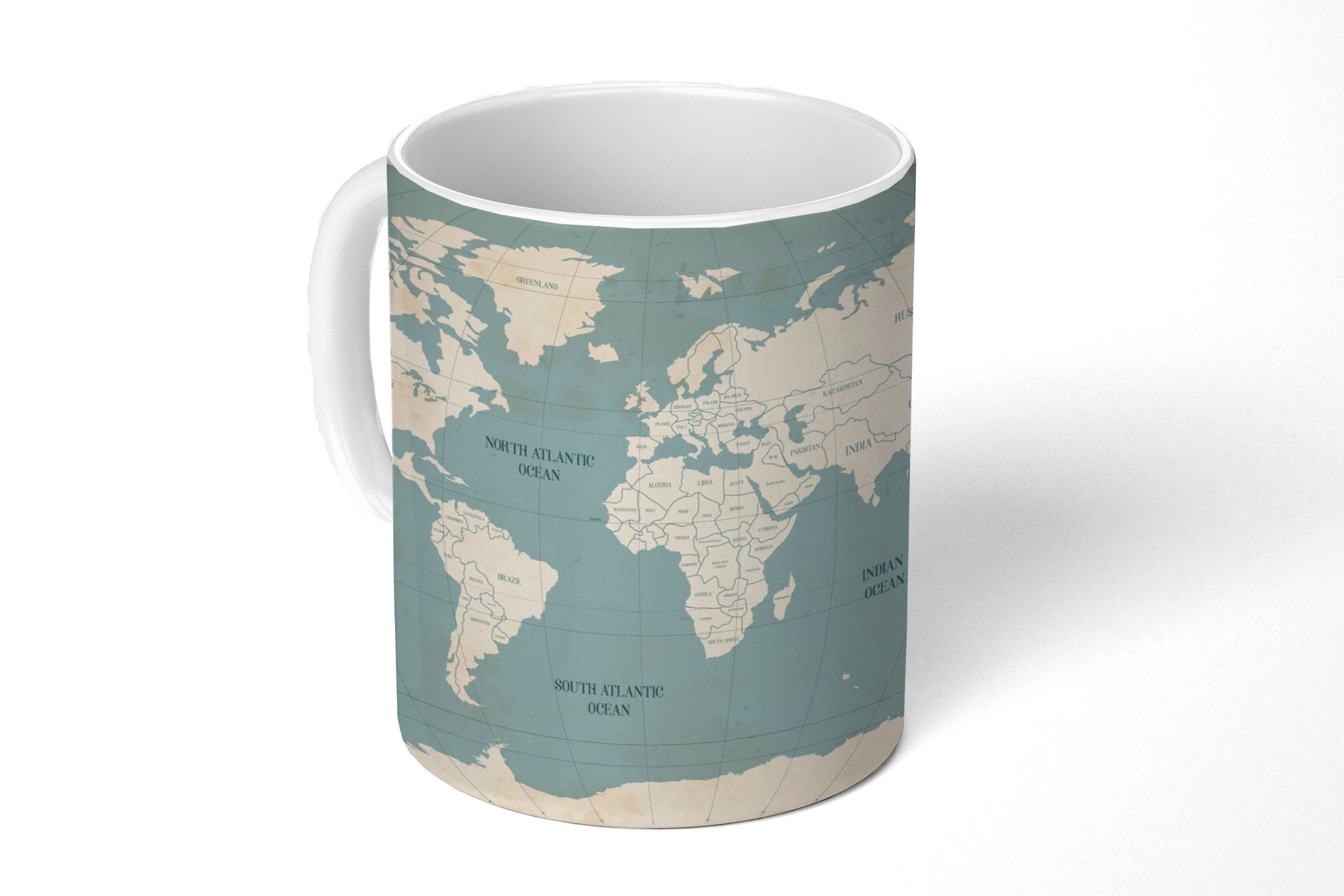 MuchoWow Tasse Weltkarte - Vintage - Blau, 1-tlg., Keramik, Kaffeetassen, Teetasse, Becher, Kaffeebecher, Geschenk