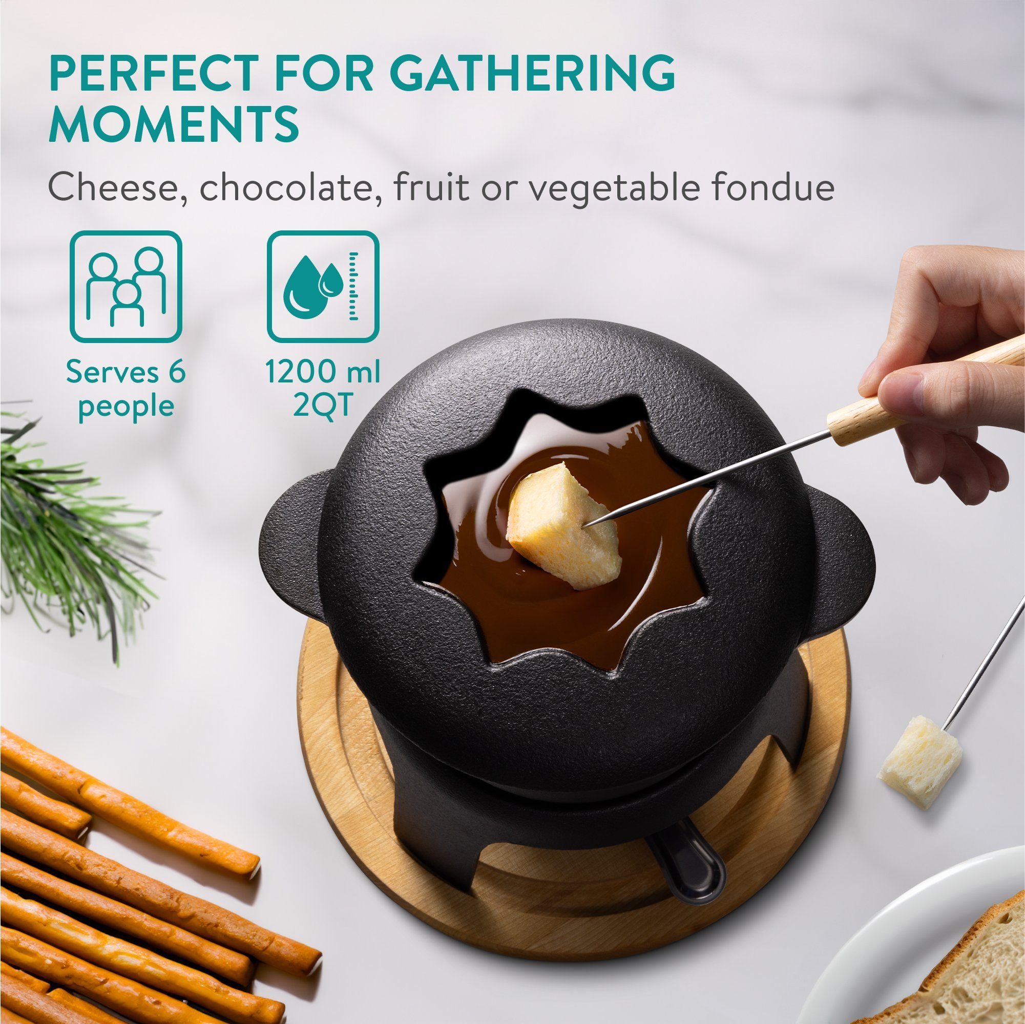 Navaris Bratpfanne Gusseisernes Fondue für Personen Set 6 Set - Käsefondue - Fondueset