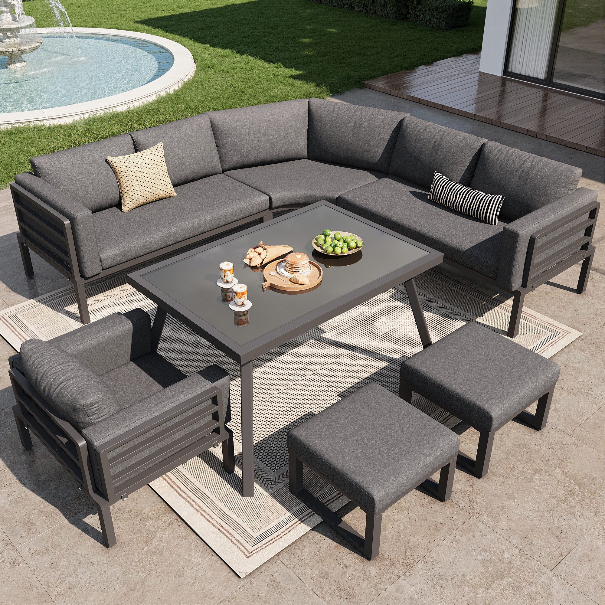 KLAM HOME Gartenlounge-Set Halbmond-Gartenlounge-Set 8 Personen, Eisengestell, graue Polster, (Wetterfeste Terrassenmöbel mit Glastisch, Sessel & 2 Hockern), Modulares Balkon-Sofa-Set, abnehmbare Bezüge