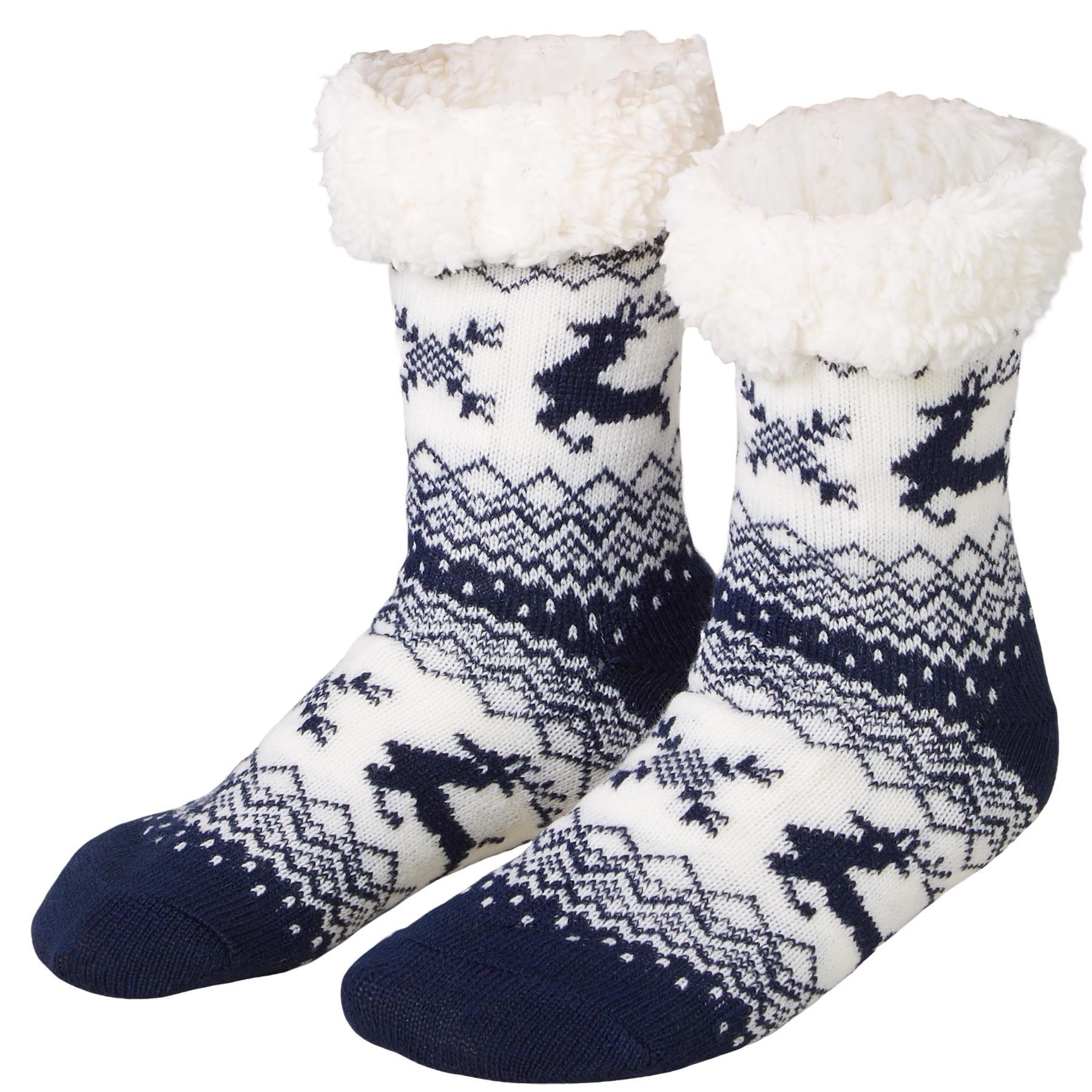 dressforfun Kuschelsocken Flauschsocken, Dickes Innenfutter und breiter Rand aus Plüsch (Haussocken, Konfektionsgröße 0 in blau/weiß) Atmungsaktiv & klimaregulierend, Rentier-Motive mit nordischen Mustern