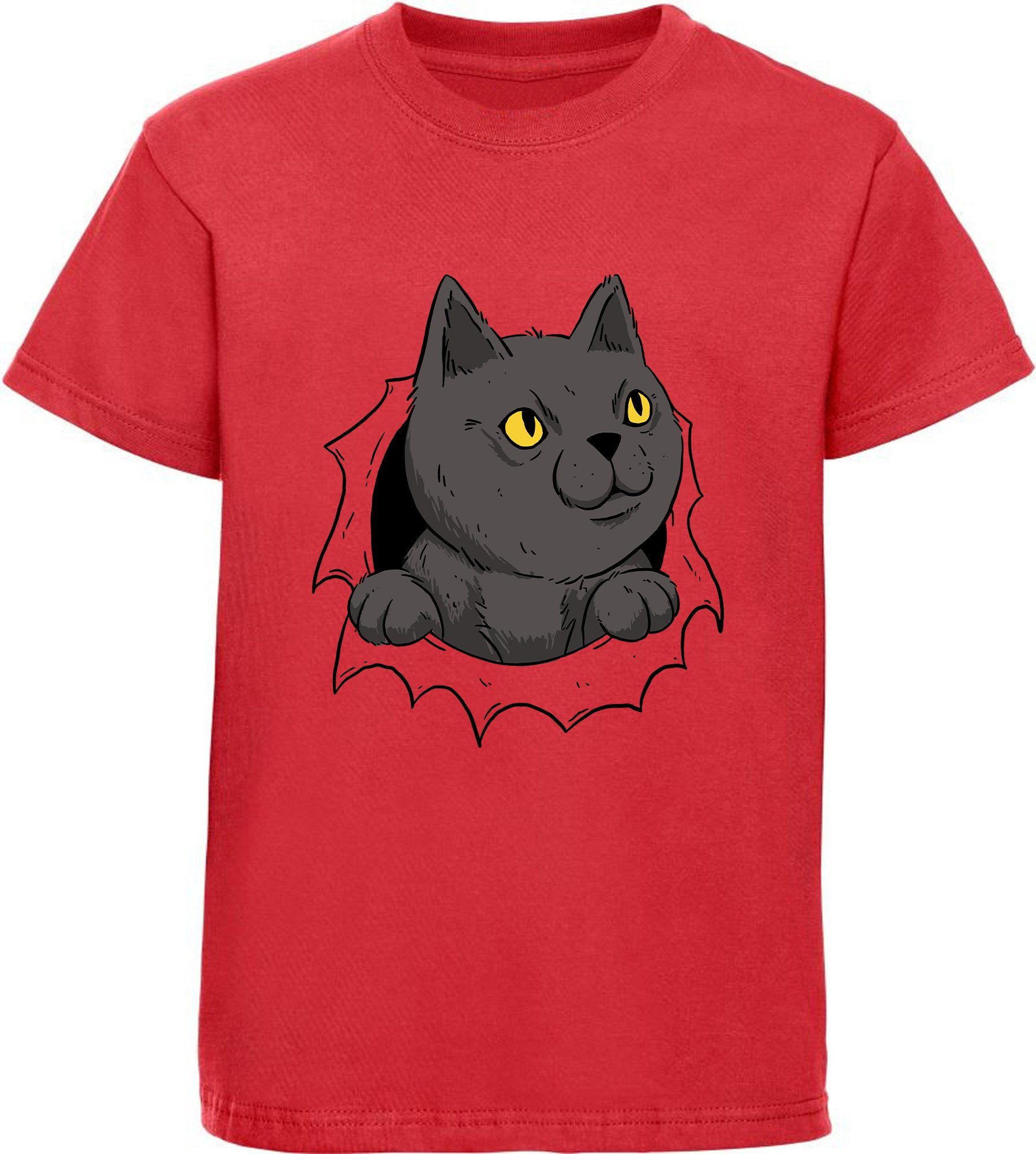 MyDesign24 Print-Shirt bedrucktes Kinder Mädchen T-Shirt Katze die aus einem Loch kommt Baumwollshirt mit Katze, weiß, schwarz, rot, rosa, i105 | T-Shirts