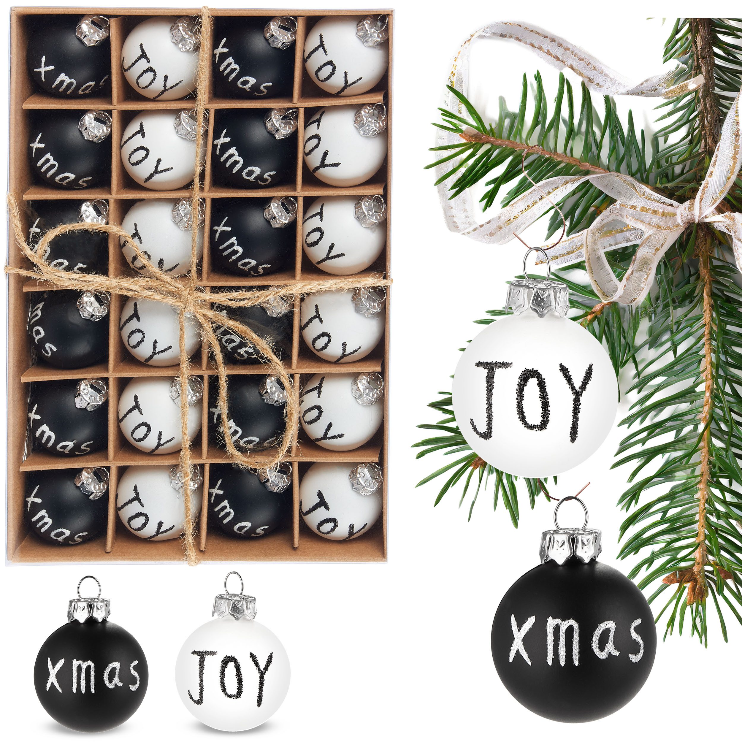 BRUBAKER Weihnachtsbaumkugel 24-teiliges Set Weihnachtskugeln Joy & Xmas - 3 cm Mini Baumkugeln (24 St), für Weihnachtsbaum - Handbemalter Christbaumschmuck Kugeln