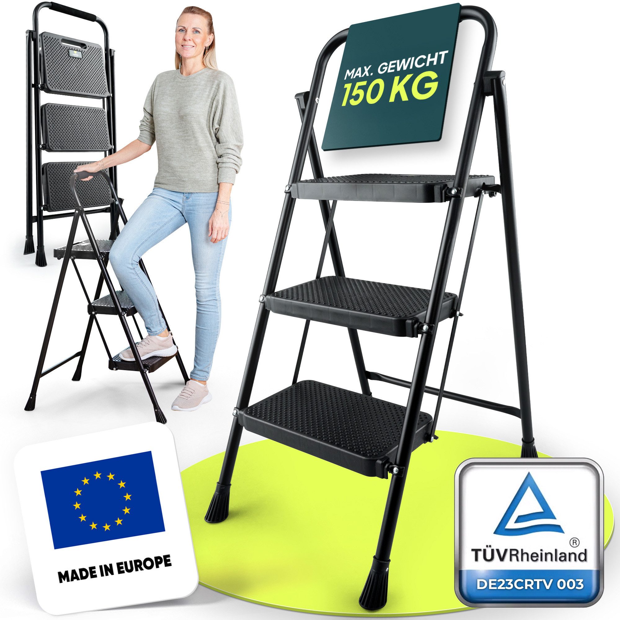 uandu home Trittleiter Stufenleiter – Haushaltsleiter für Zuhause, Küche & Garten (Trittleiter, Stehleiter, Klappleiter, TÜV-zertifizierte Leiter, klappbar & platzsparend), 2-, 3- und 4-stufig