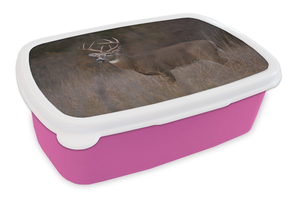 MuchoWow Lunchbox Herbst - Hirsche - Gras - Natur - Tiere, Kunststoff, (2-tlg), Brotbox für Erwachsene, Brotdose Kinder, Snackbox, Mädchen, Kunststoff rosa