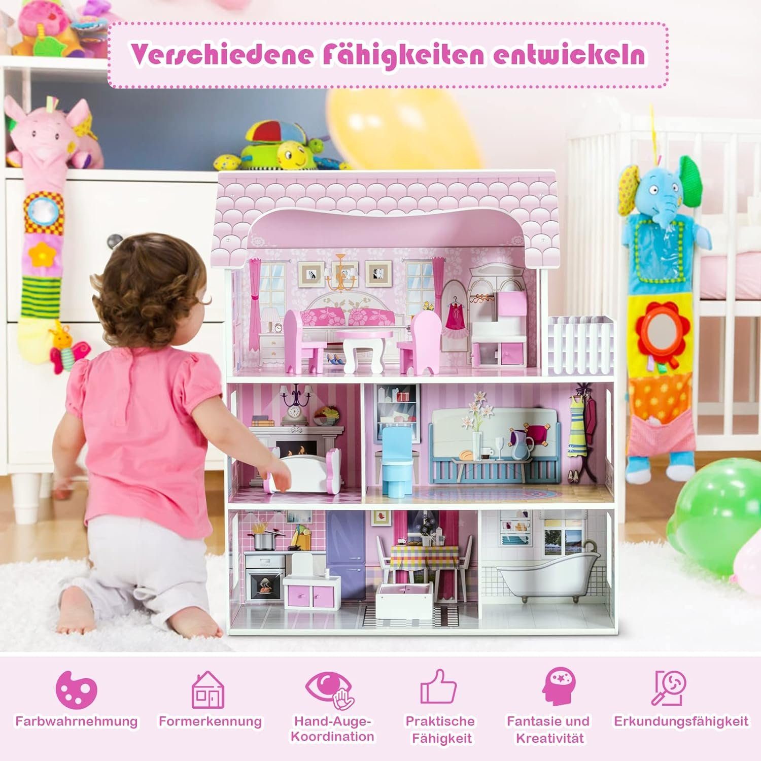 KOMFOTTEU Puppenhaus Puppenstube, 3 Etagen, mit Möbeln und Zubehör – Bild 3 von 5