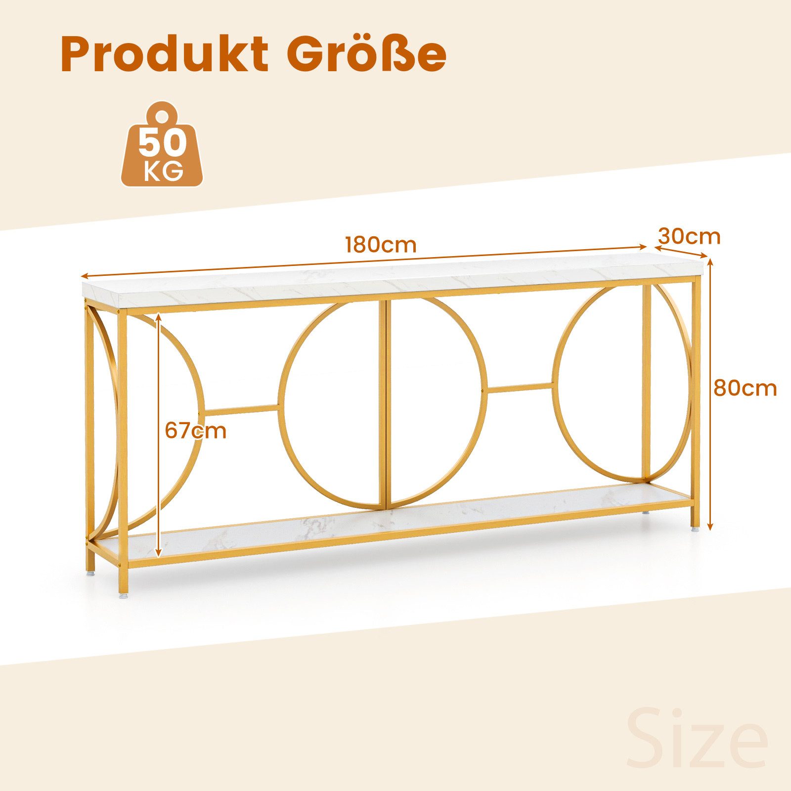 COSTWAY Konsolentisch, schmal Marmor, mit geometrischem Metallrahmen, gold
