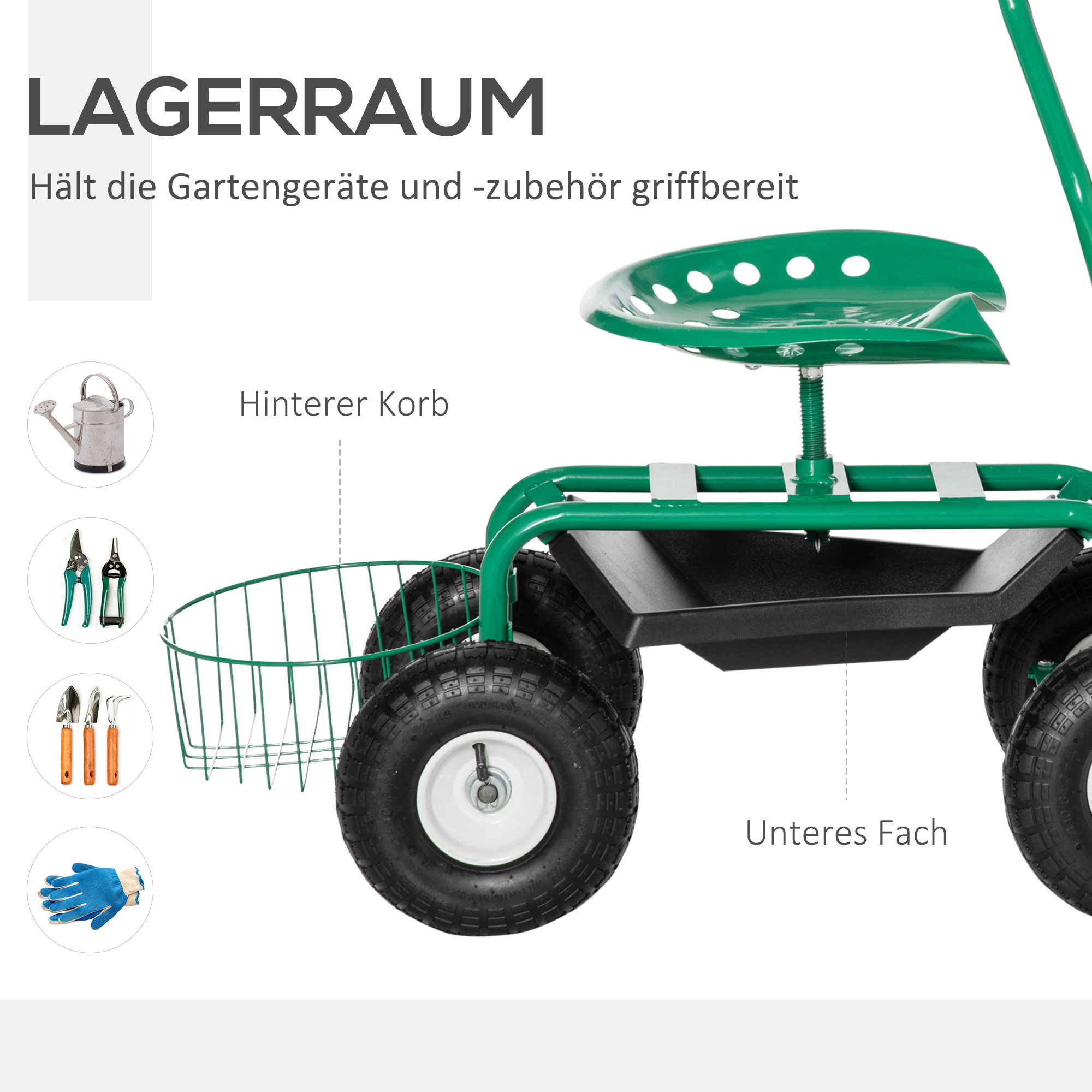 Outsunny Werkzeugwagen Rollsitz 360 ° drehbar höhenverstellbar Gartensitz mit Ablagefläche, mit Stauraumfach, max. Traglast:150 kg, 0-tlg. Werkzeugset, (Werksta – Bild 4 von 5