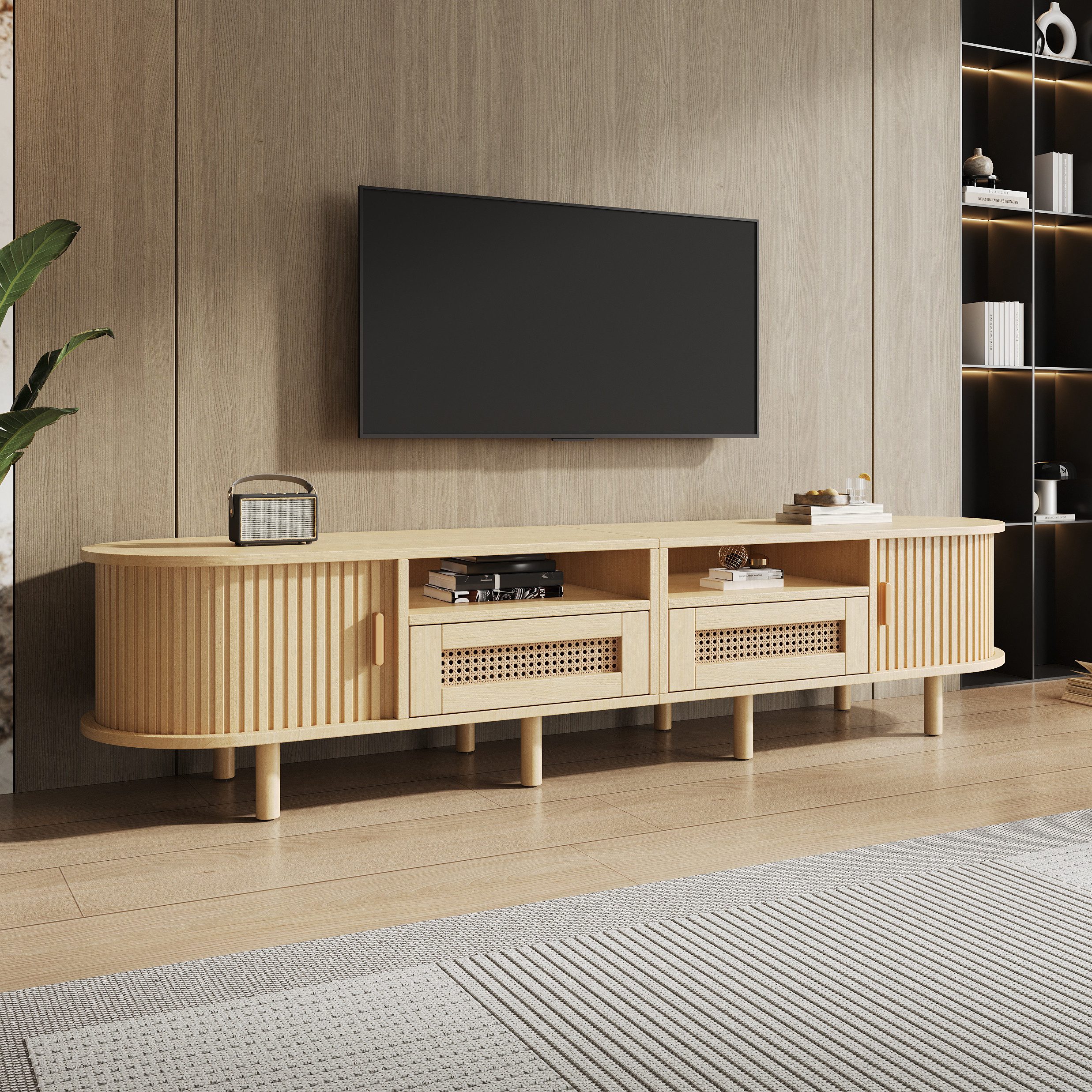 HAUSS SPOLE TV-Schrank mit Schiebetür,Lowboard TV-Regal mit Rattanschubladen,Holzfarbe (TV-Board und TV-Kommode, mit 2 Rattan Design Schubladen,2 Schiebetür) Fernsehtisch bis zu 70 Zoll