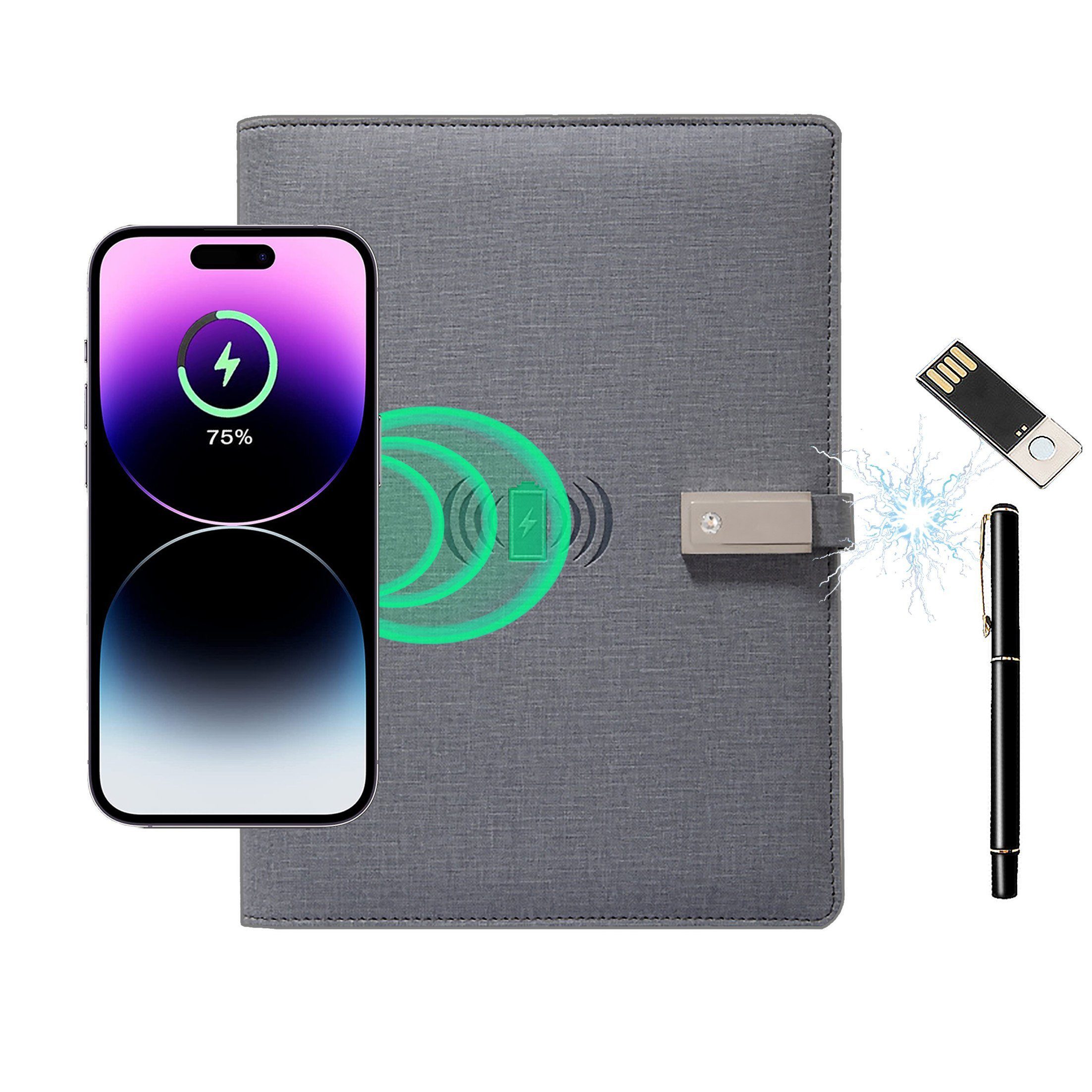 feinlux Speicherladestation Kabellos aufladbares Notizbuch, Ladestation, Set, A5-Loseblattmappe Ladeschale, Mobiler Power-Notizblock mit USB-Stick und Stift, Business-Geschenkset