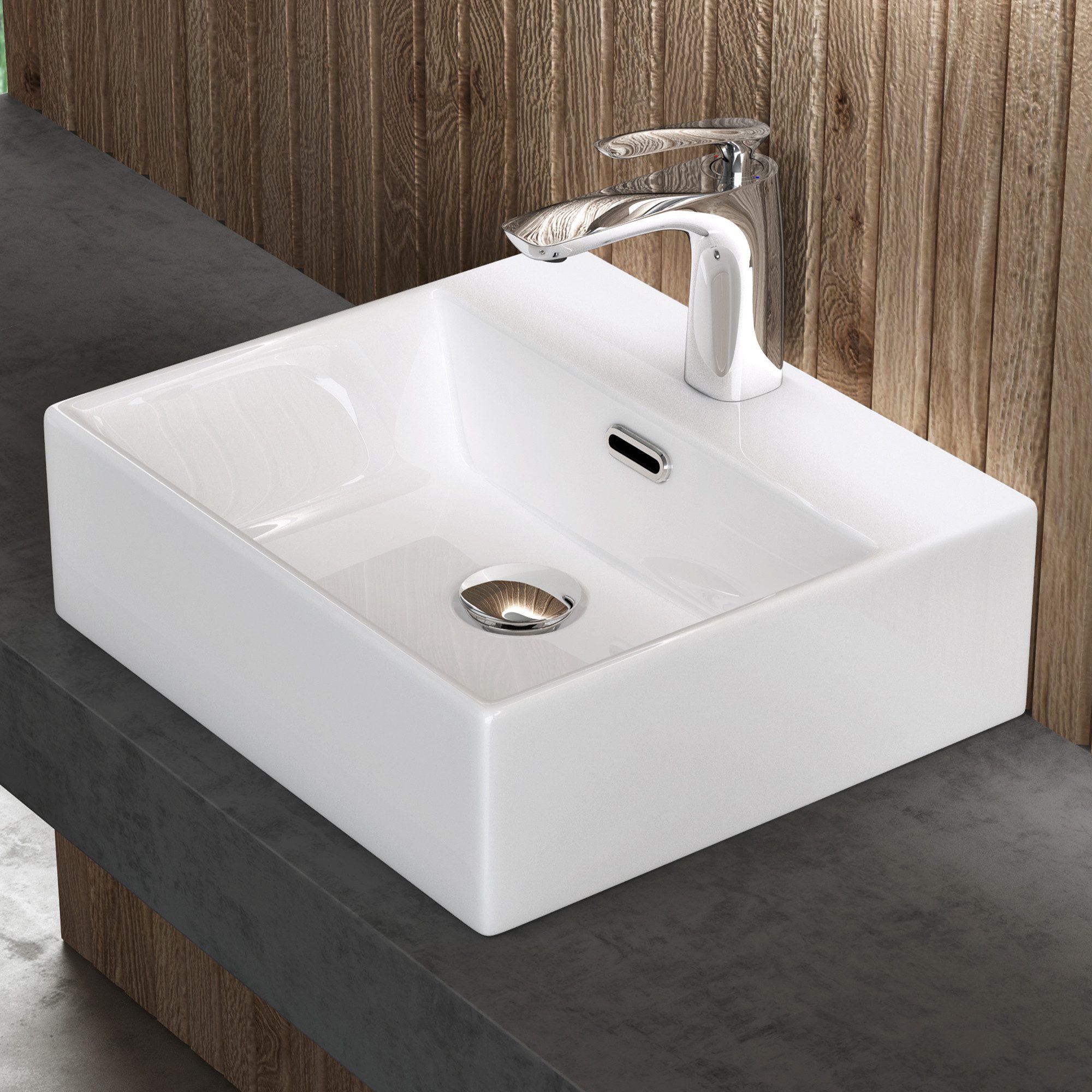 doporro Waschbecken Aufsatzwaschbecken Keramik 40-60cm Breite mit Nano-Beschichtung Br206, aus einem Stück, DIN-Anschlüsse