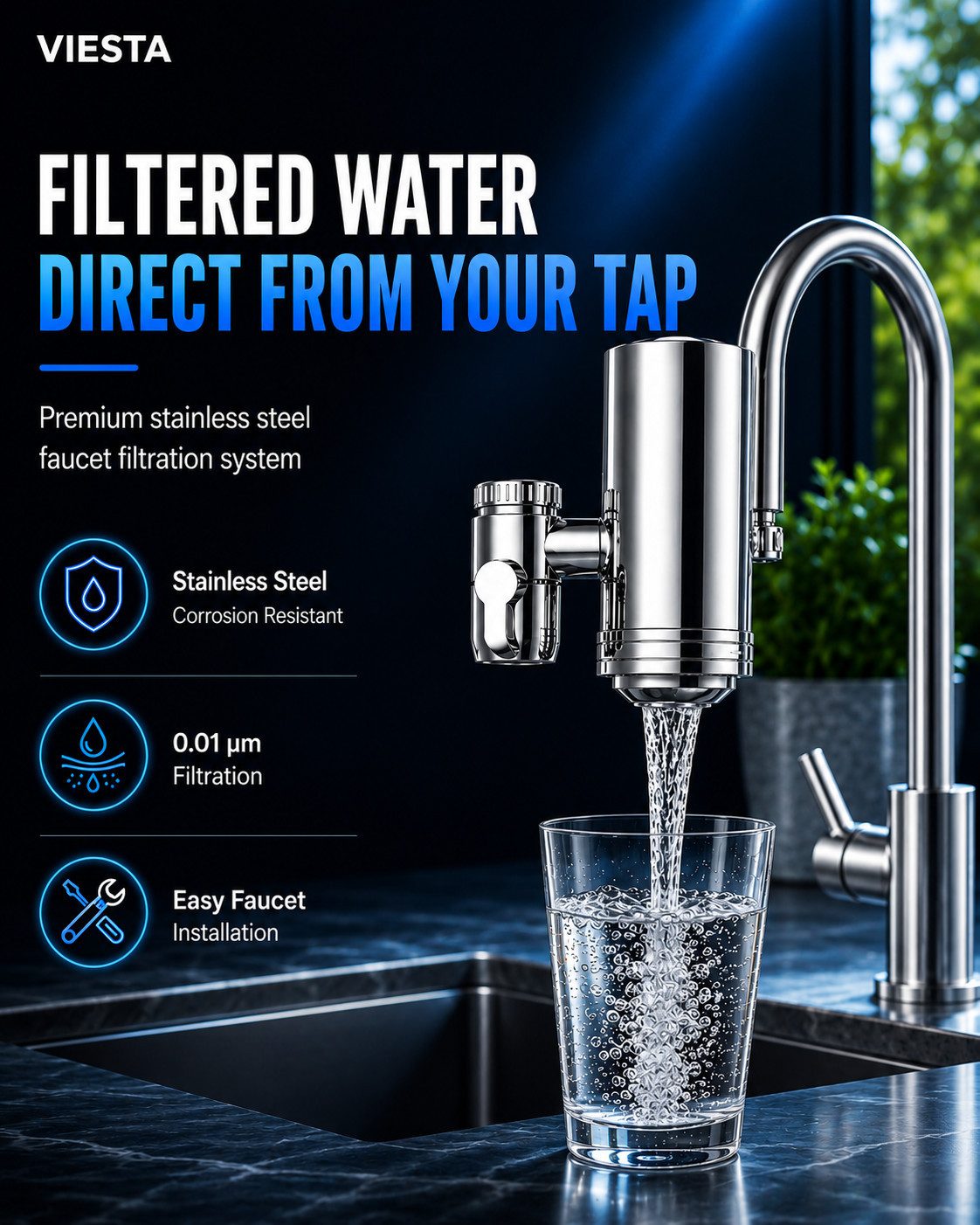VIESTA Wasserhahn-Wasserfilter WF100 Edelstahl 304 3-fach Keramik + Aktivkohle + UF-Membran 0,01 µm (inkl. 2 WF-F1 für bis zu 2.400 L, mit Umschalter & Adapter, 3,16 L/min), reduziert Sedimente, Partikel, Rost, Chlor, Mikroplastik, werkzeuglos