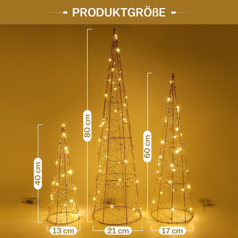 XIIW LED Baum 80/60/40CM, Weihnachtsdeko, 3er Warmweiß Größen fest Leucht Lichtpyramide LED-Beleuchtung LED-Bäume, LED in Pyramiden warmweiss, 90 3 mit integriert, Pyramiden