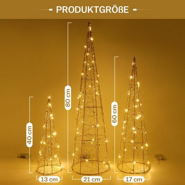 XIIW LED Dekoobjekt 3er Pyramiden 90 LEDs, Weihnachtspyramide, LED-Bäume, Weihnachtsdeko, LED fest integriert, WARMWEISS, Höhe:40/60/80CM, Lichtpyramide, Batteriebetrieb, Metall